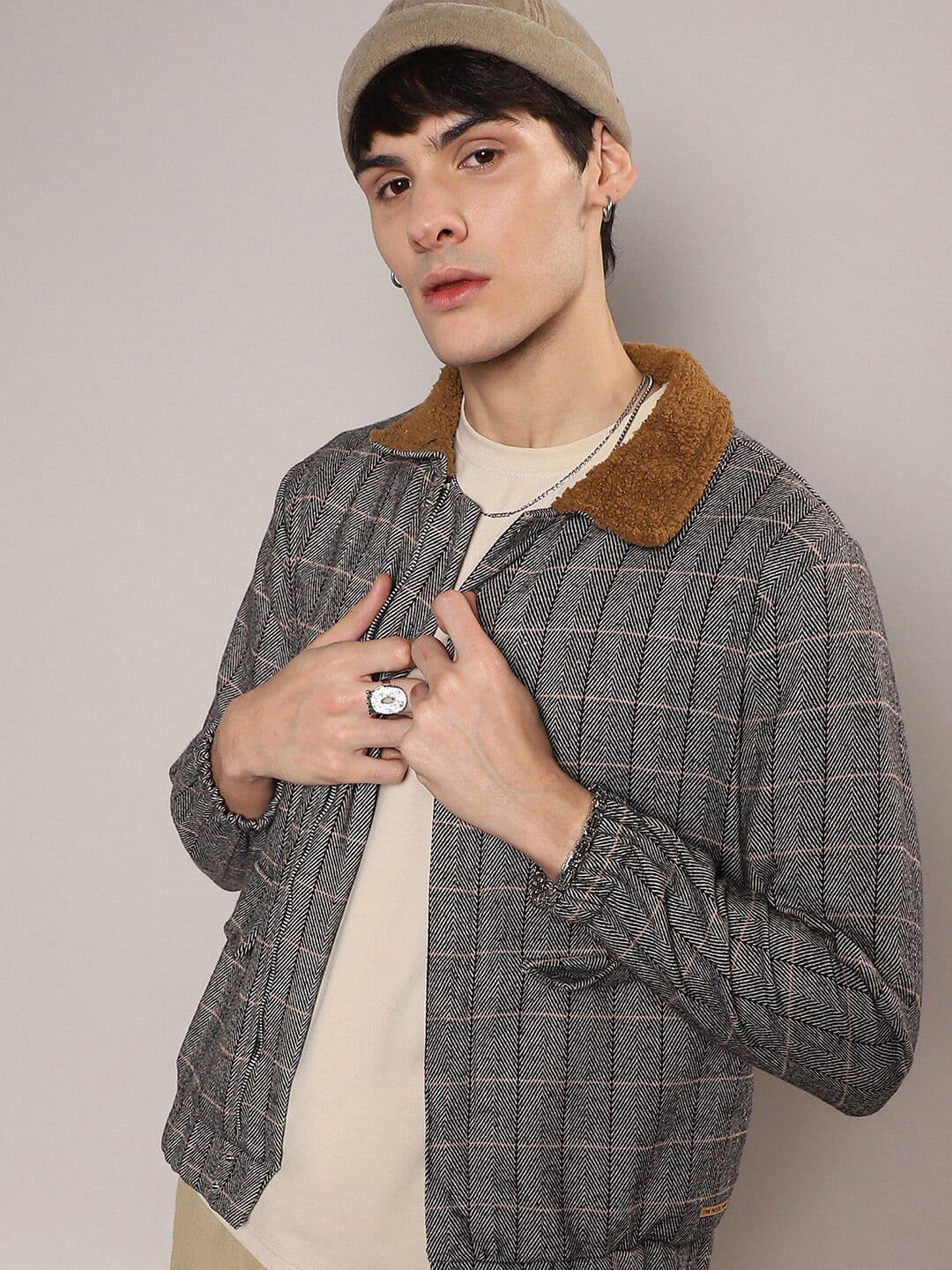 CAHOOT Checked Windcheater Faux Fur Trim Cotton Tailored Jacket - view 1