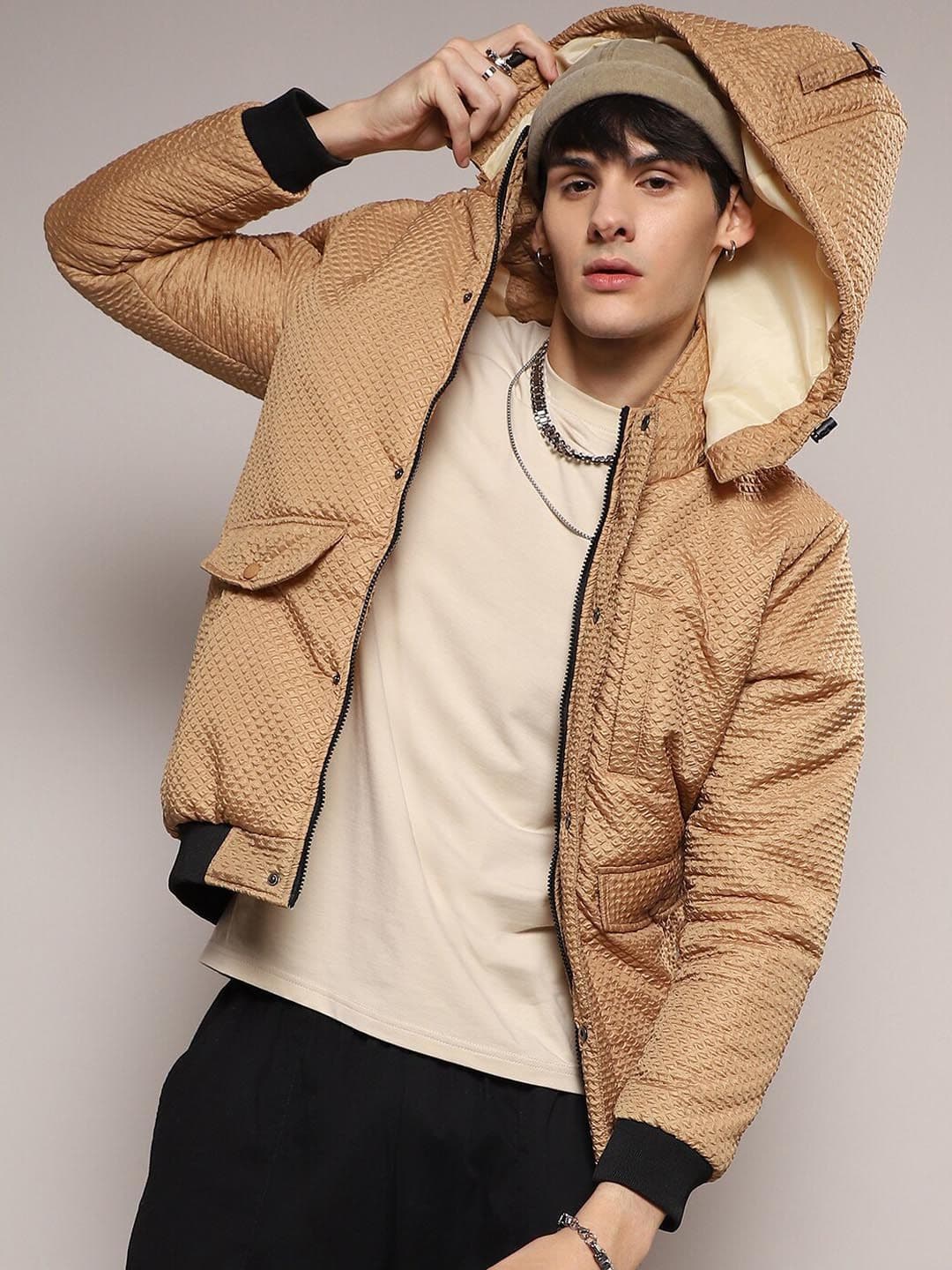 CAHOOT Beige Self Design Hooded Windcheater Puffer Jacket - view 1