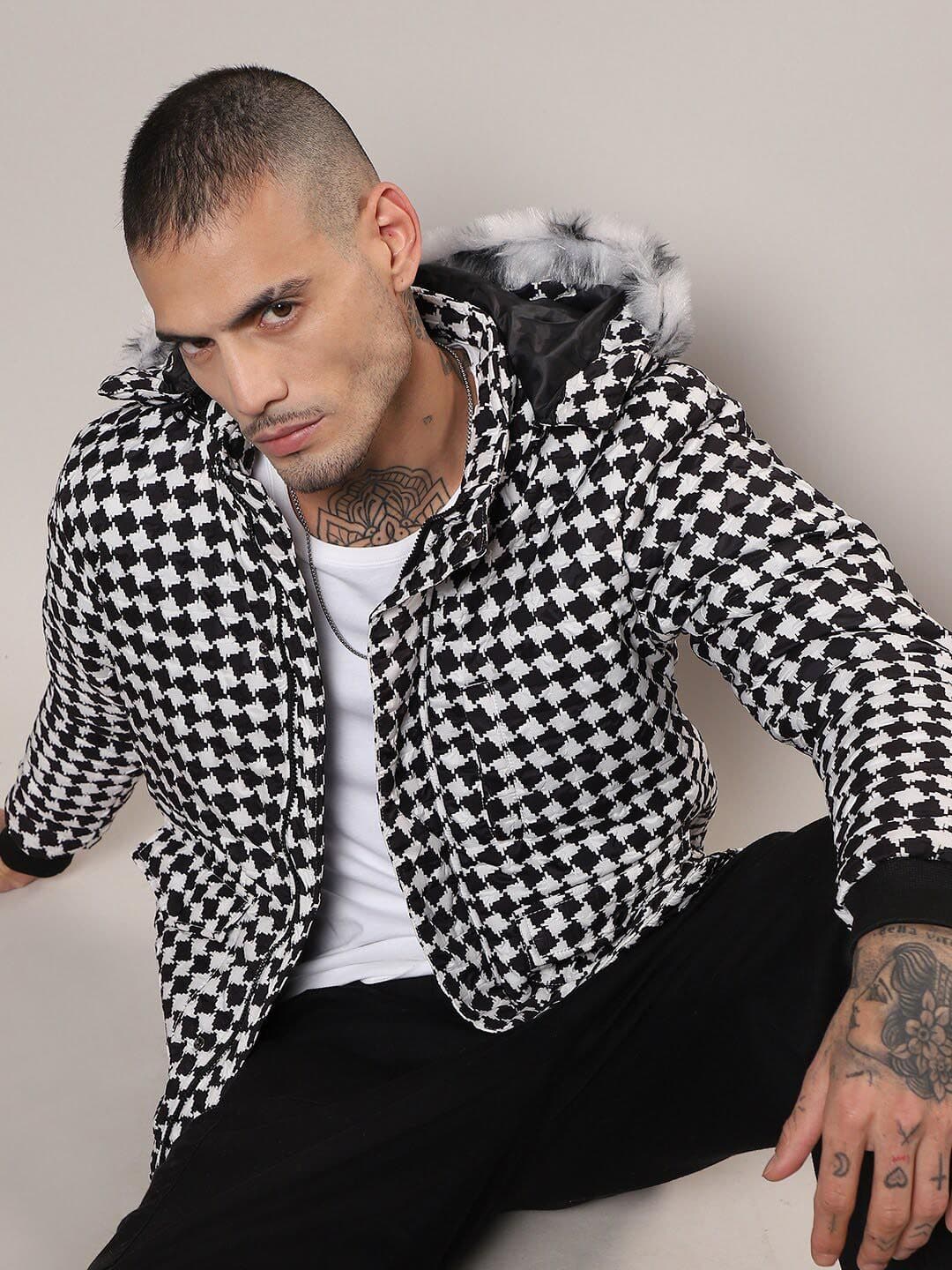 CAHOOT Black Geometric Printed Hooded Windcheater Puffer Jacket - view 1