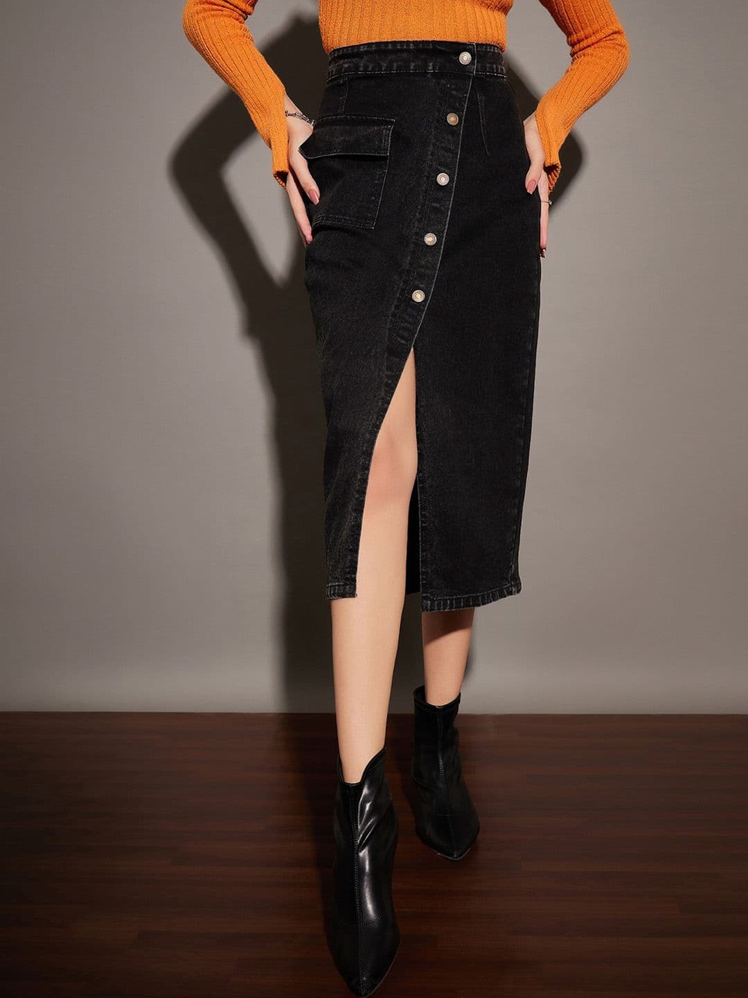 SASSAFRAS Black Front Slit Denim Wrap Midi Skirt - view 1