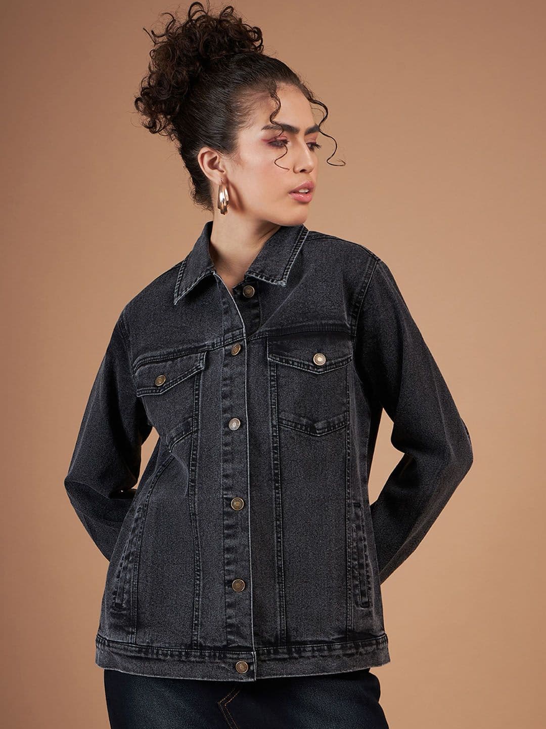SASSAFRAS Black Spread Collar Washed Crop Denim Jacket - view 1
