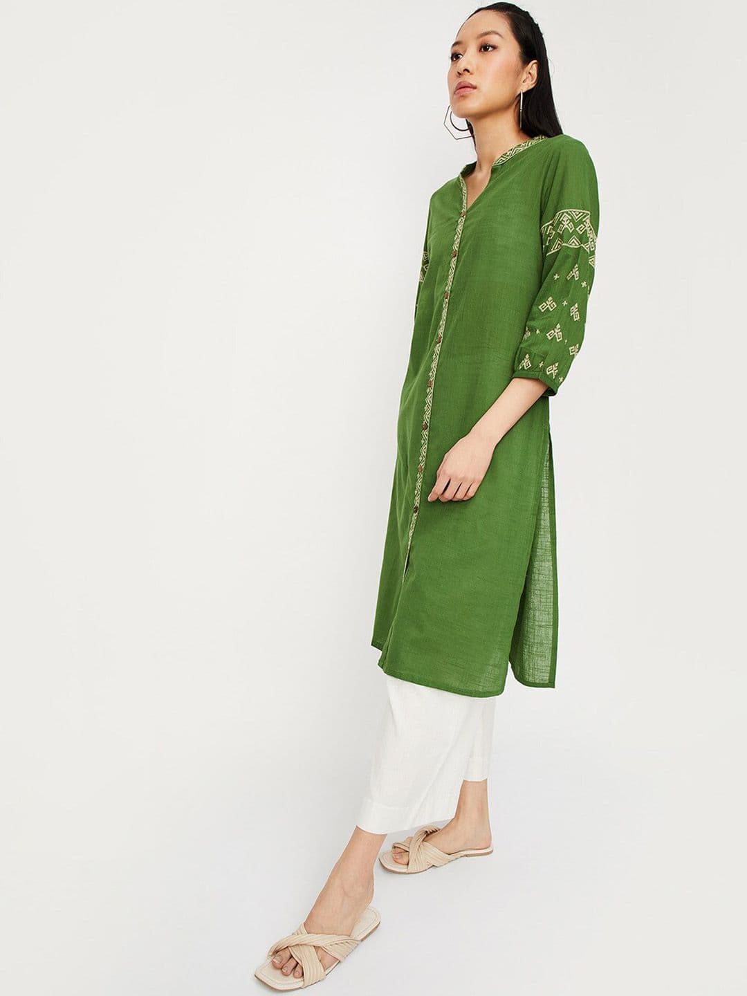 max Mandarin Collar Thread Work Straight Kurta - view 1