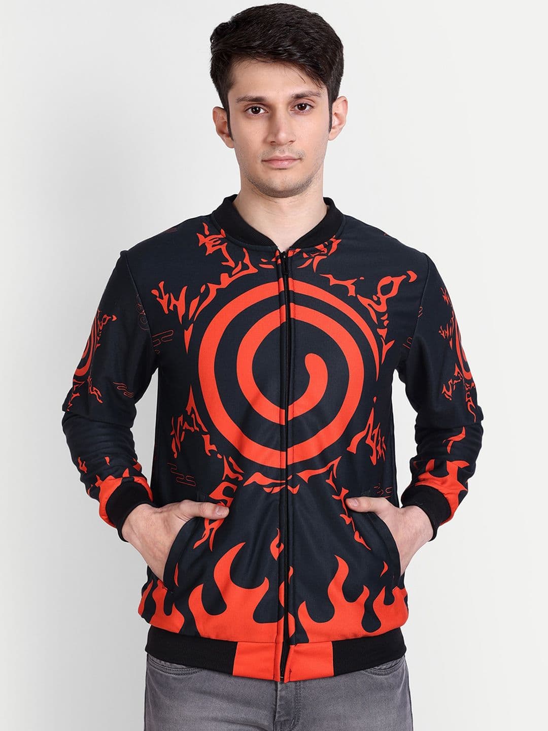 Fans Army Naruto Anime Graphic Printed Mandarin Collar Bomber Jacket - view 1