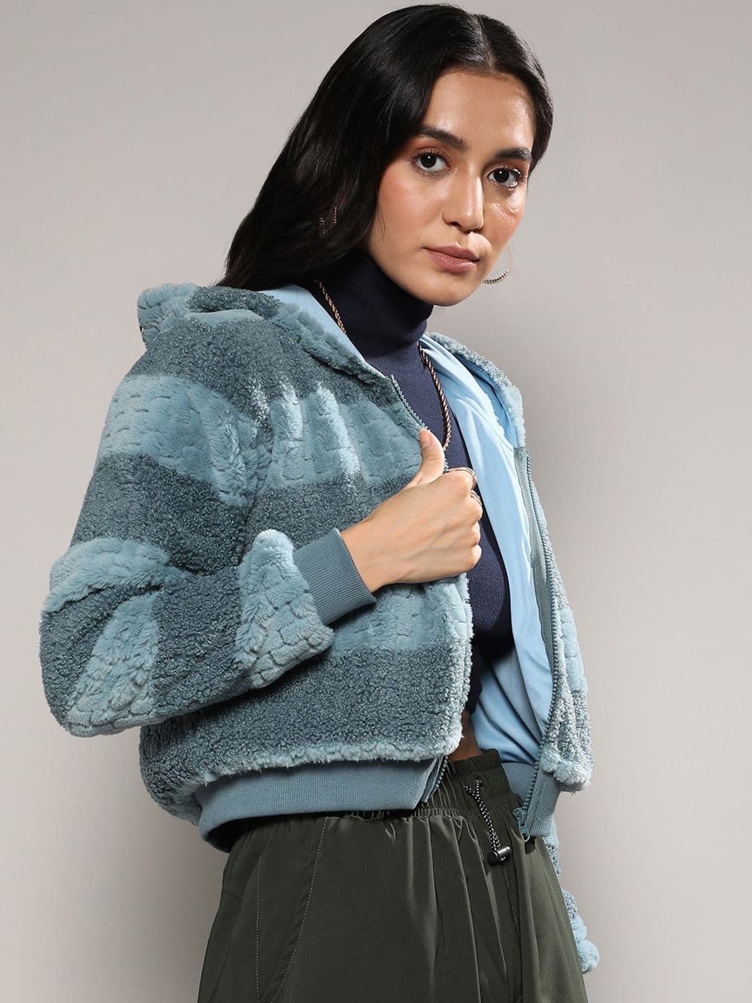 PINACOLADA Blue Striped Windcheater Faux Fur Trim Crop Bomber Jacket - view 1