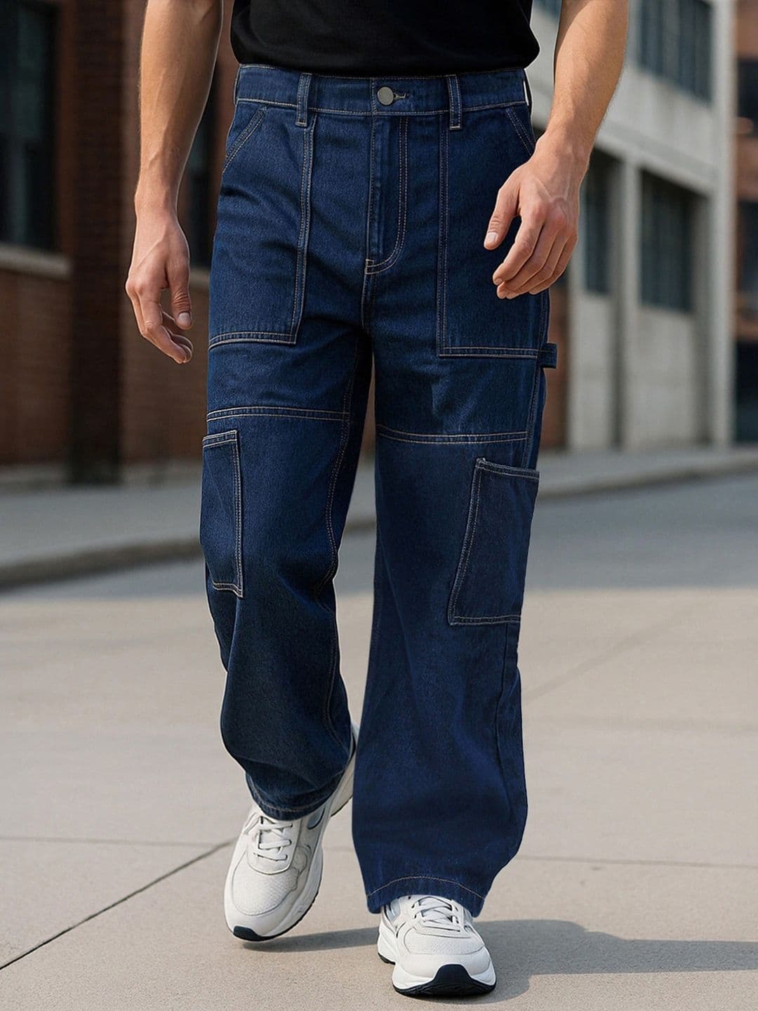 Bewakoof Men's Blue Baggy Carpenter Mid-Rise Cotton Straight Fit Jeans - view 1