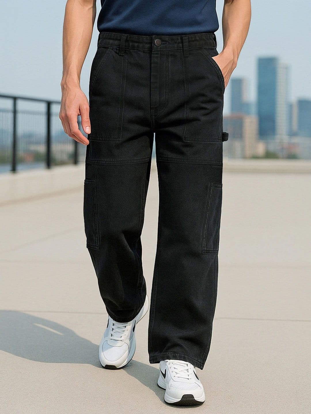 Bewakoof Men's Black Baggy Carpenter Mid-Rise Jeans - view 1