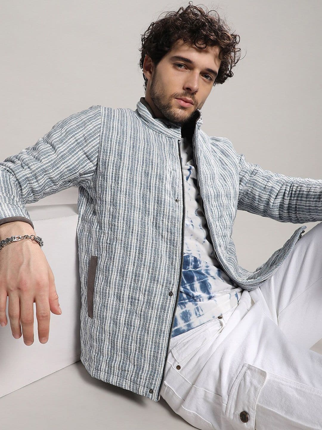 CAHOOT Grey & White Striped Windcheater Cotton Biker Jacket - view 1