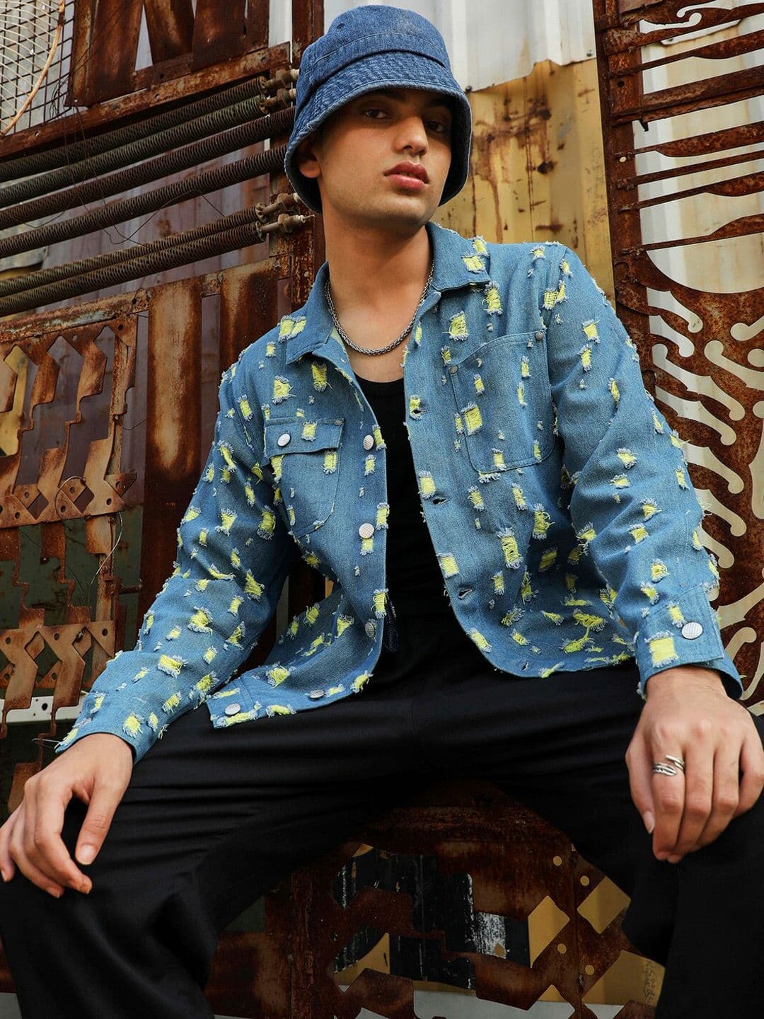 CAHOOT Blue & Yellow Self Design Windcheater Cotton Denim Jacket - view 1