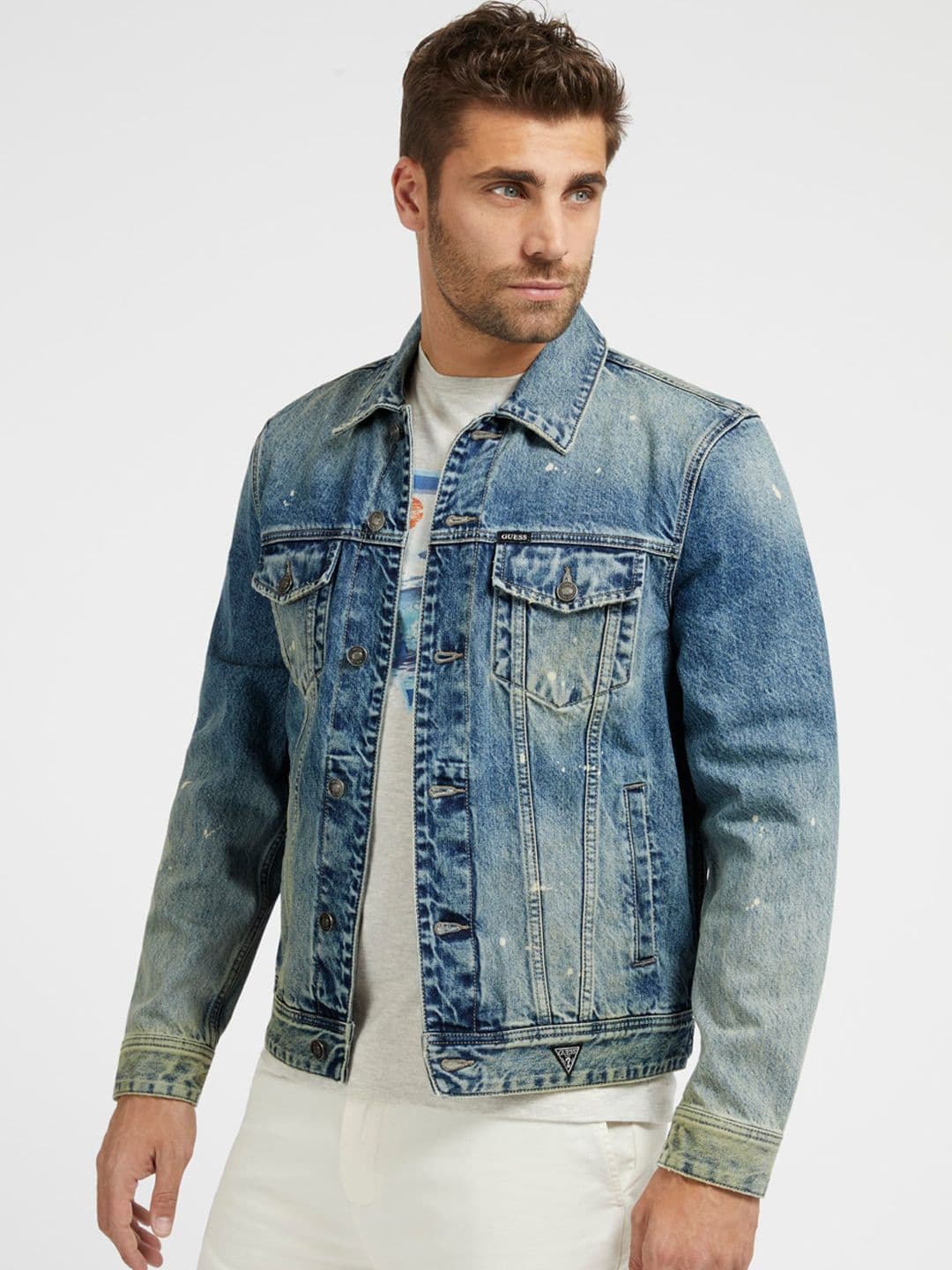 GUESS Spread Collar Washed Pure Cotton Denim Jacket - view 1