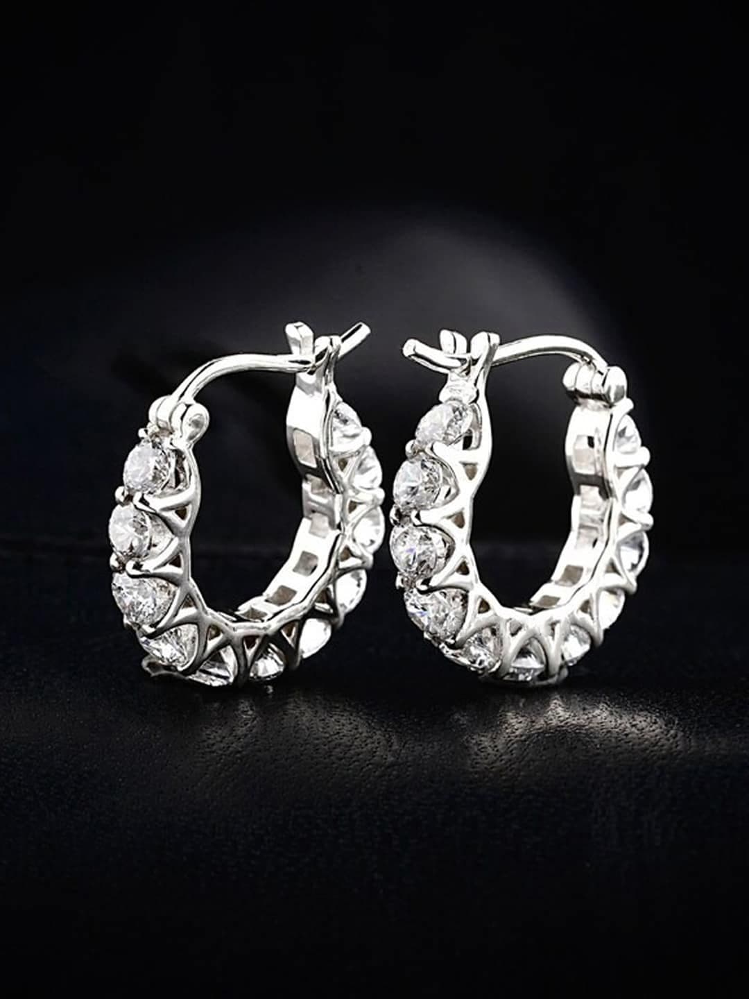 Jewels Galaxy Silver-Plated American Diamond Contemporary Hoop Earrings - view 1