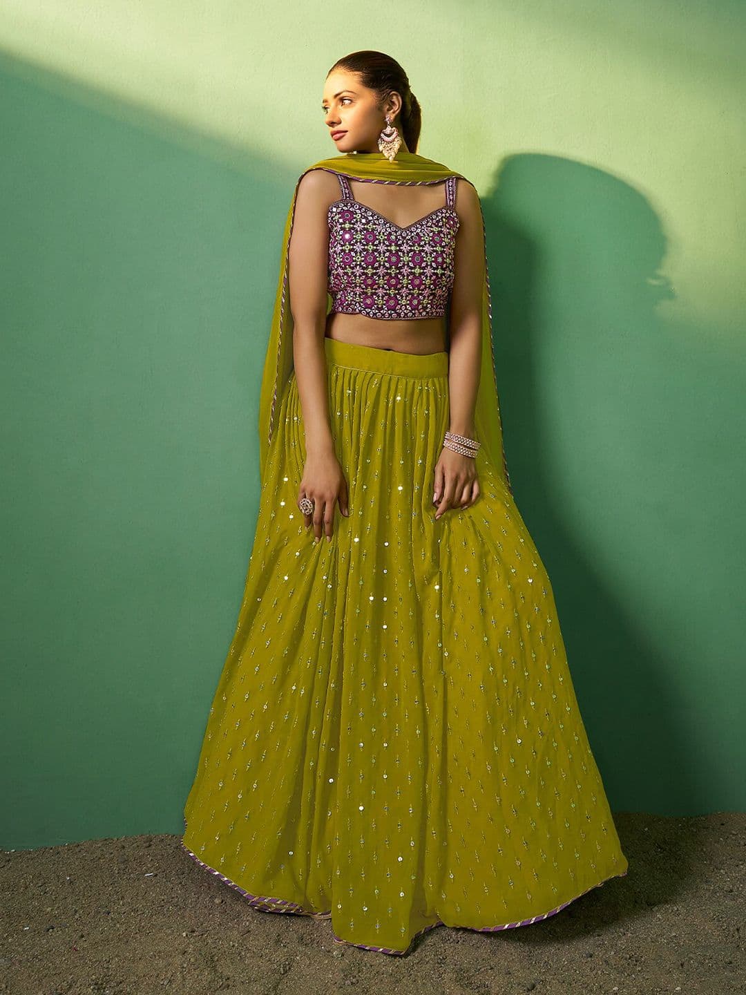 ODETTE Mirror Work Embroidered Semi-Stitched Lehenga & Unstitched Blouse With Dupatta - view 1