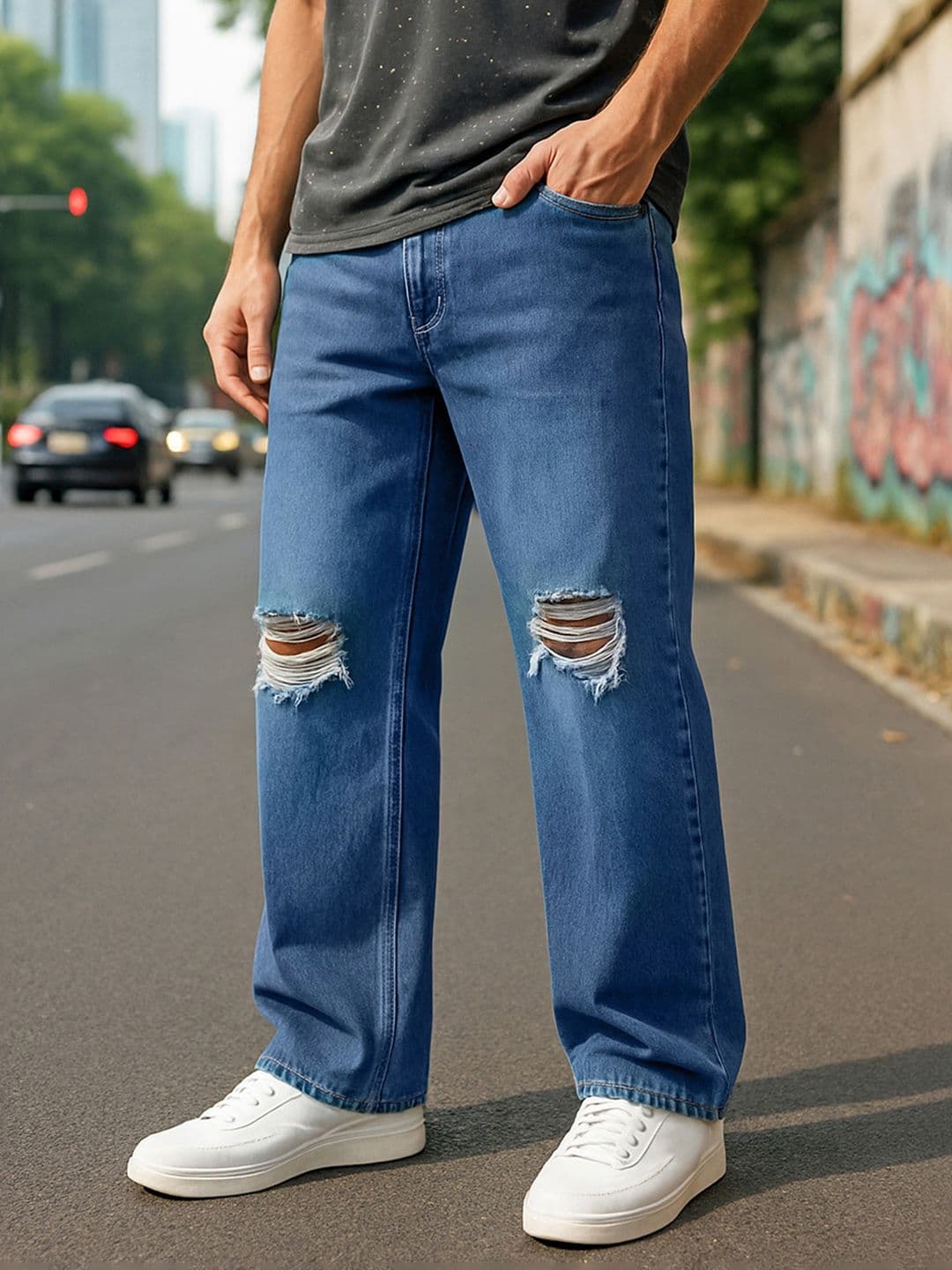 Bewakoof Men Blue Mid-Rise Mildly Distressed Pure Cotton Straight Fit Jeans - view 1