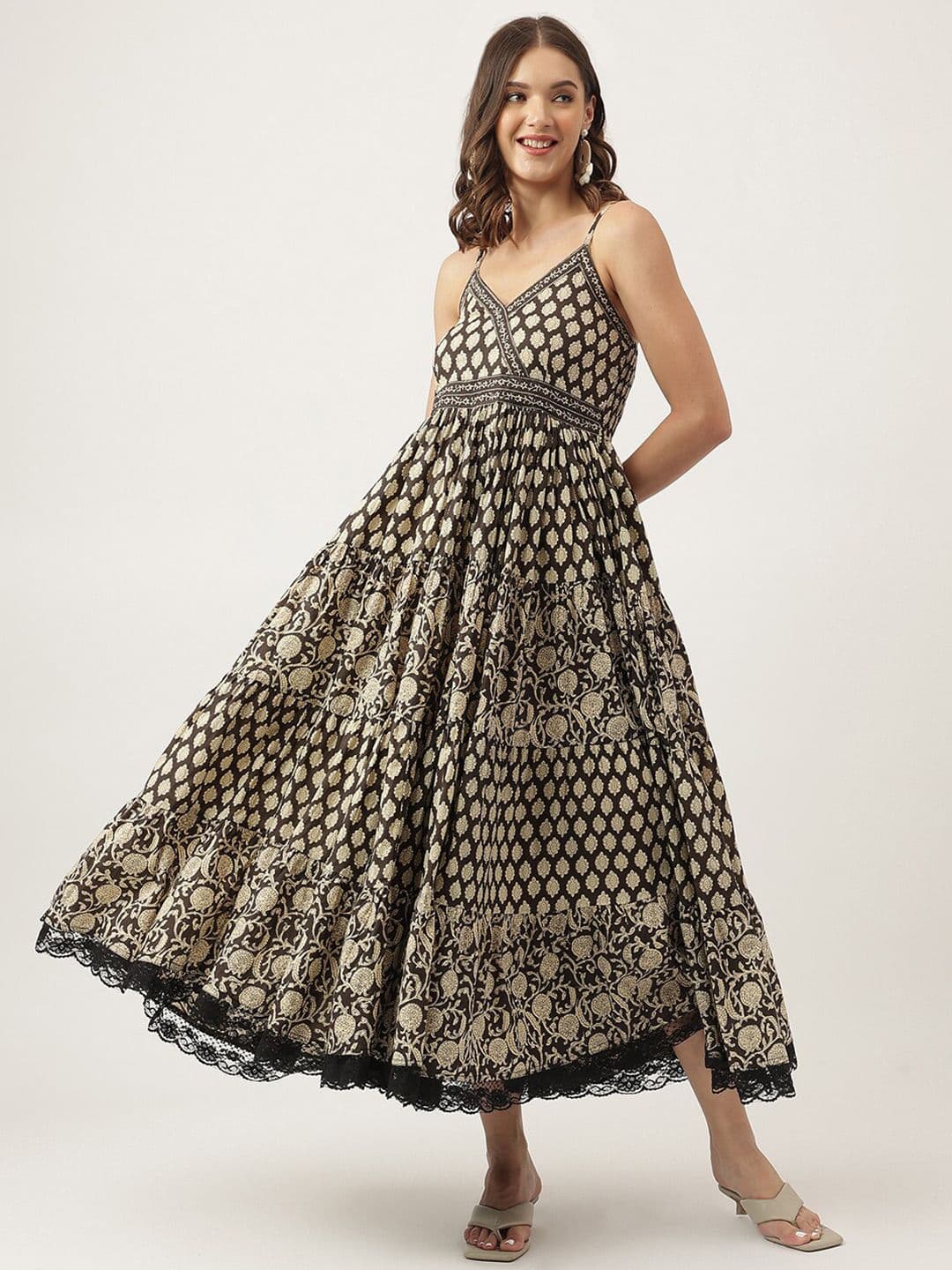 KALINI Floral Printed Shoulder Straps Cotton Tiered Fit & Flare Maxi Ethnic Dress - view 1
