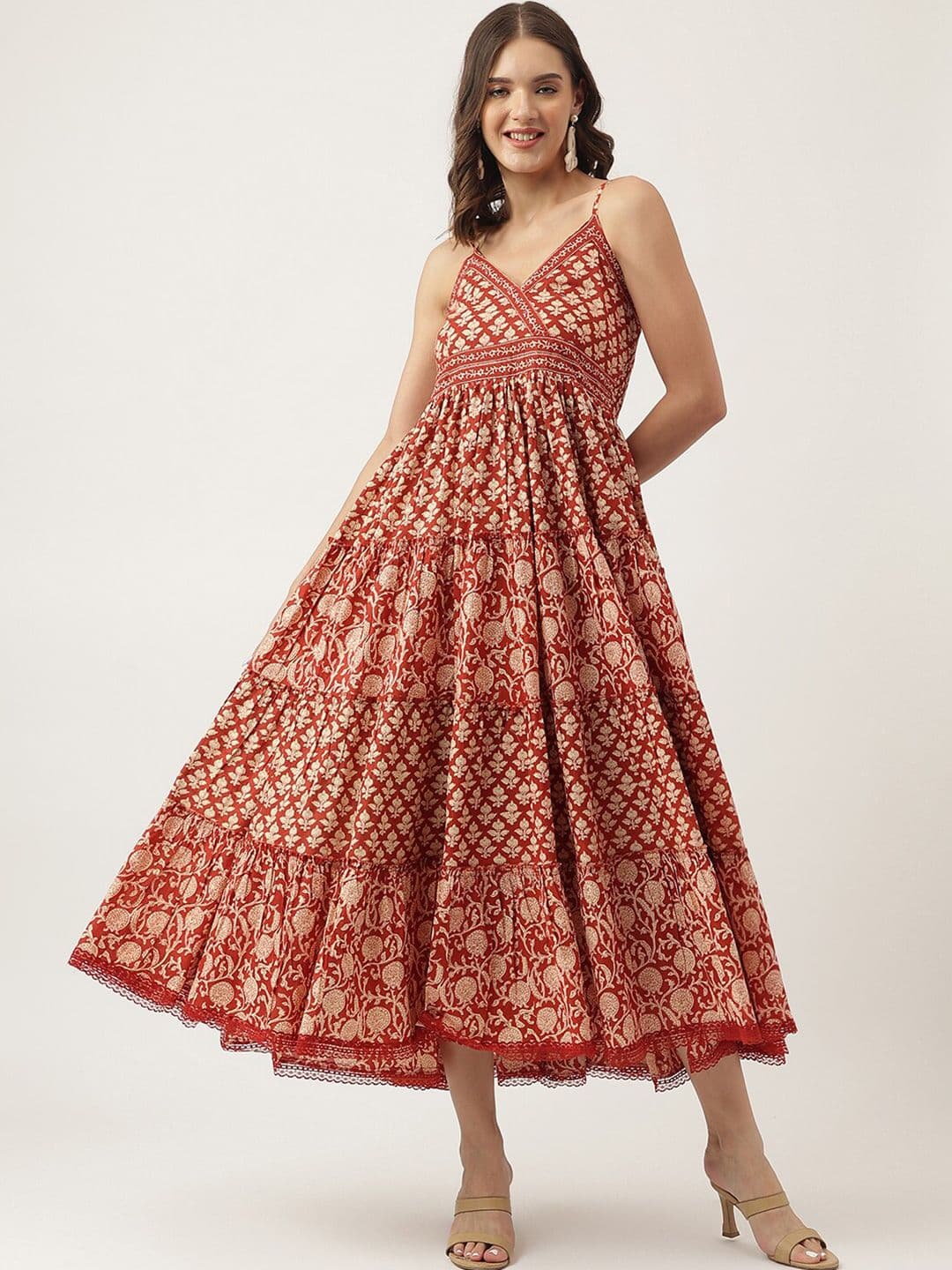 KALINI Ethnic Motifs Printed Shoulder Straps Cotton Fit & Flare Midi Ethnic Dress - view 1
