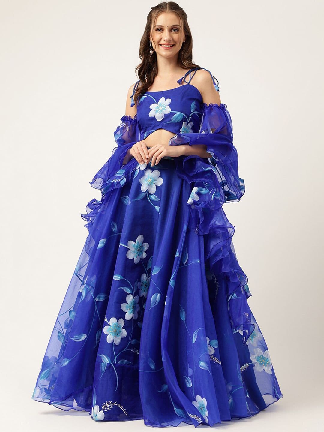 KALINI Floral Hand Paited Organza Ready to Wear Lehenga & Blouse With Friled Dupatta - view 1