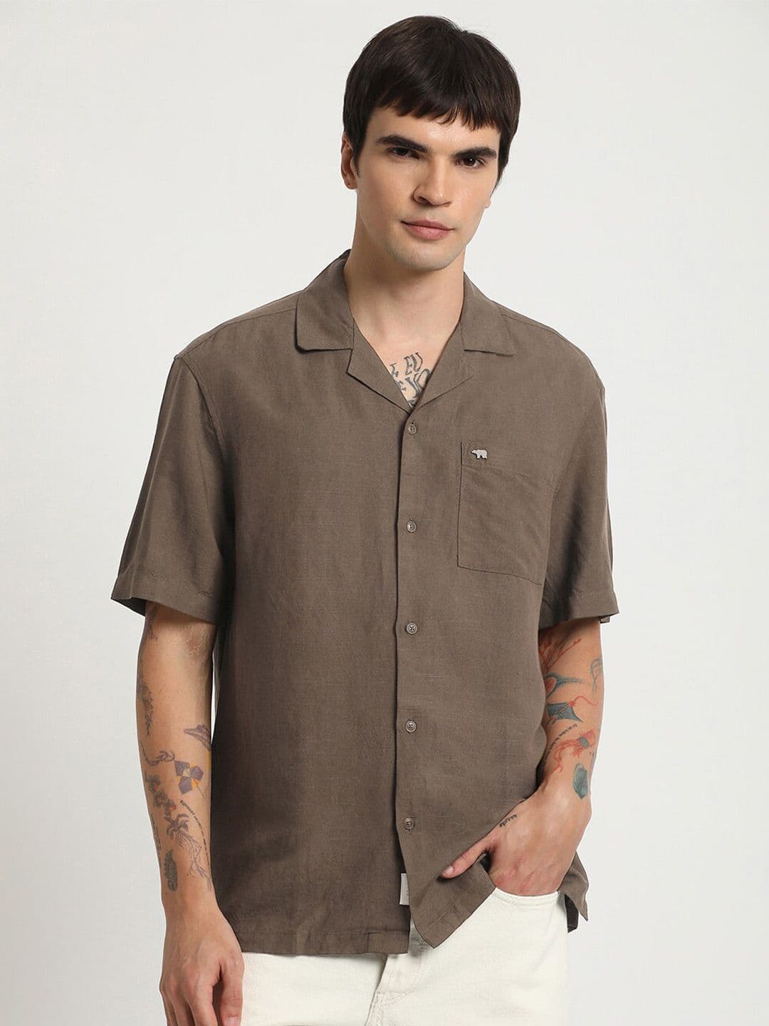 THE BEAR HOUSE Cuban Collar Cotton Linen Casual Shirt - view 1