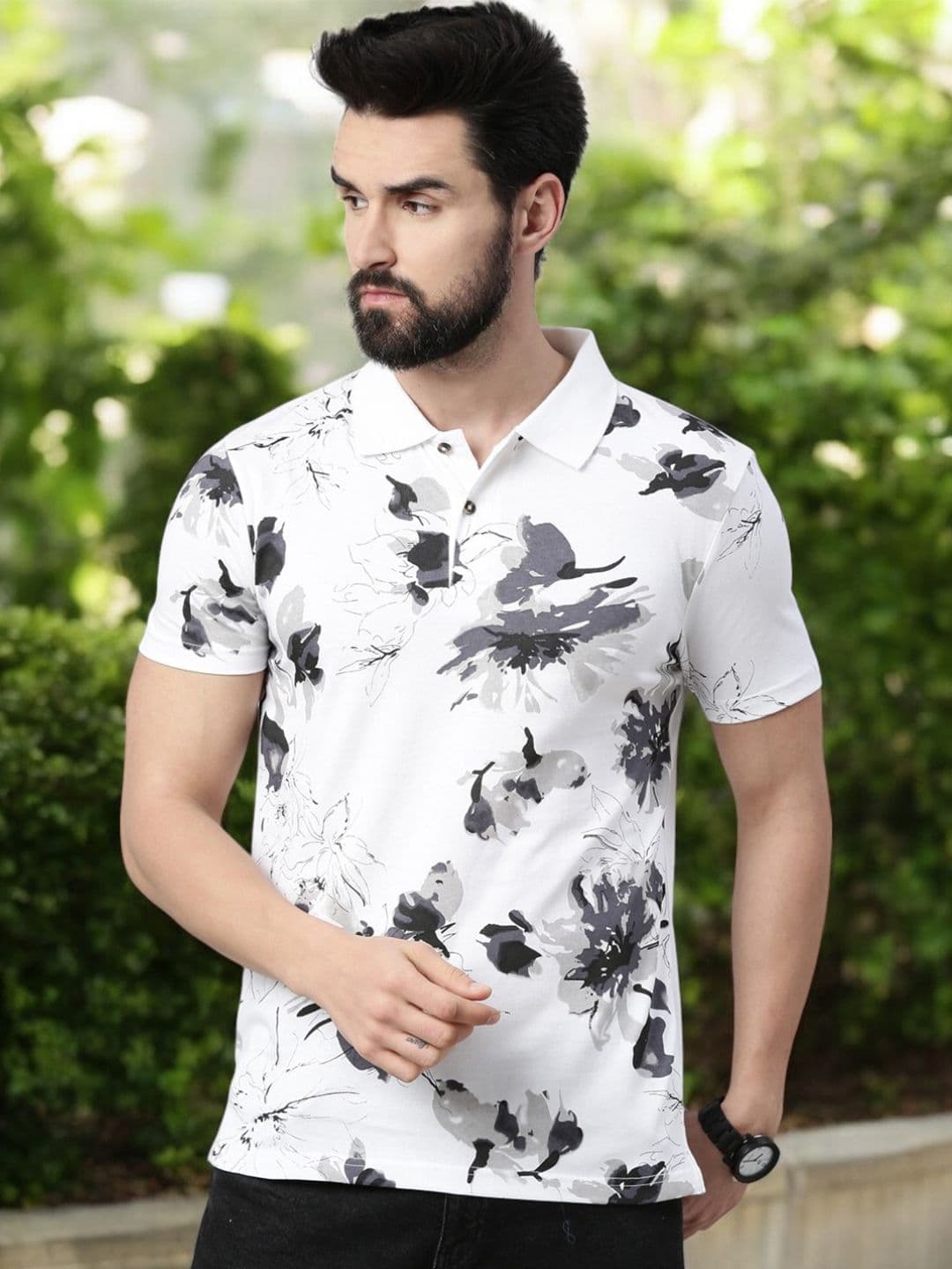 Kryptic Floral Printed Polo Collar Pure Cotton T-shirt - view 1