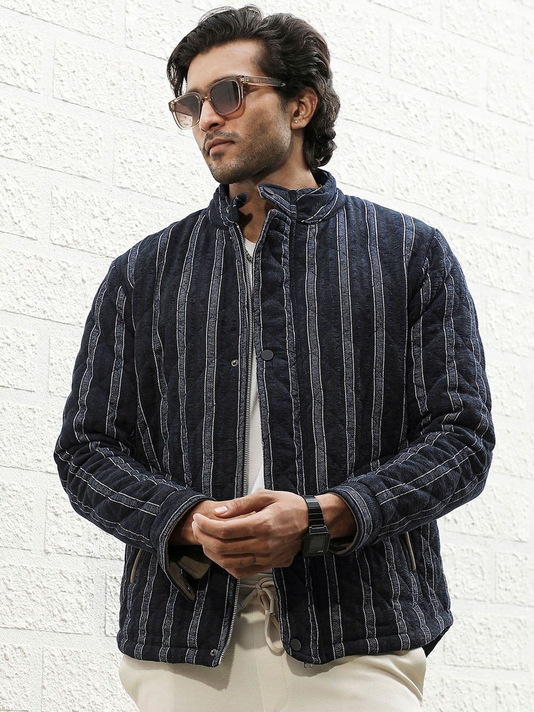 CAHOOT Striped Cotton Mock Collar Windcheater Denim Jacket - view 1