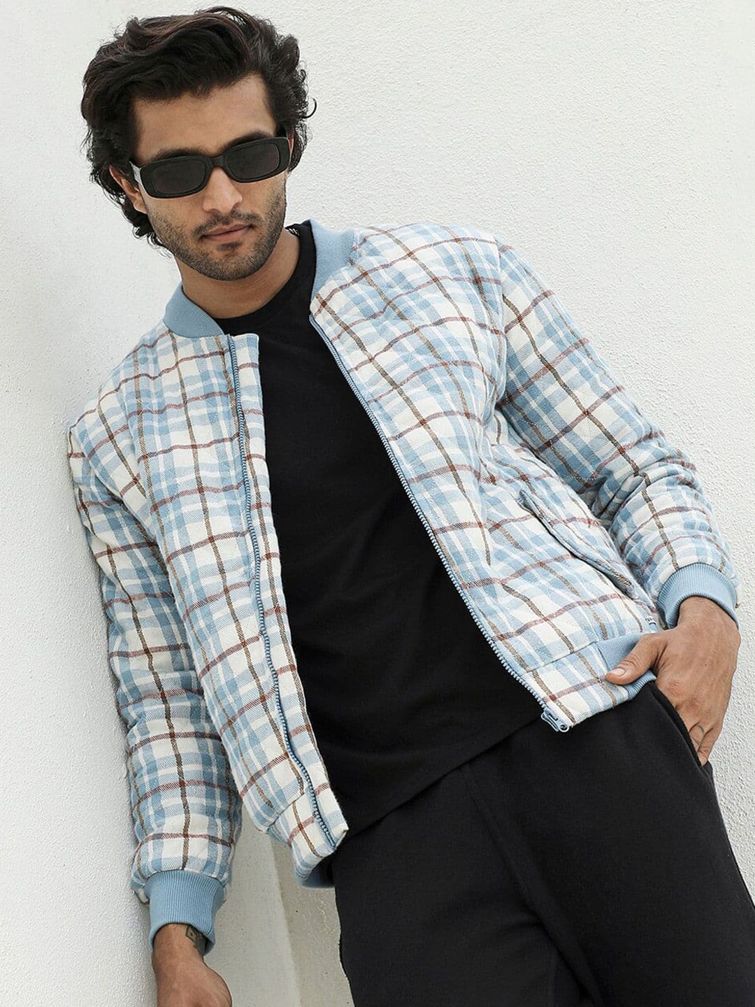 CAHOOT Checked Cotton Mandarin Collar Windcheater Bomber Jacket