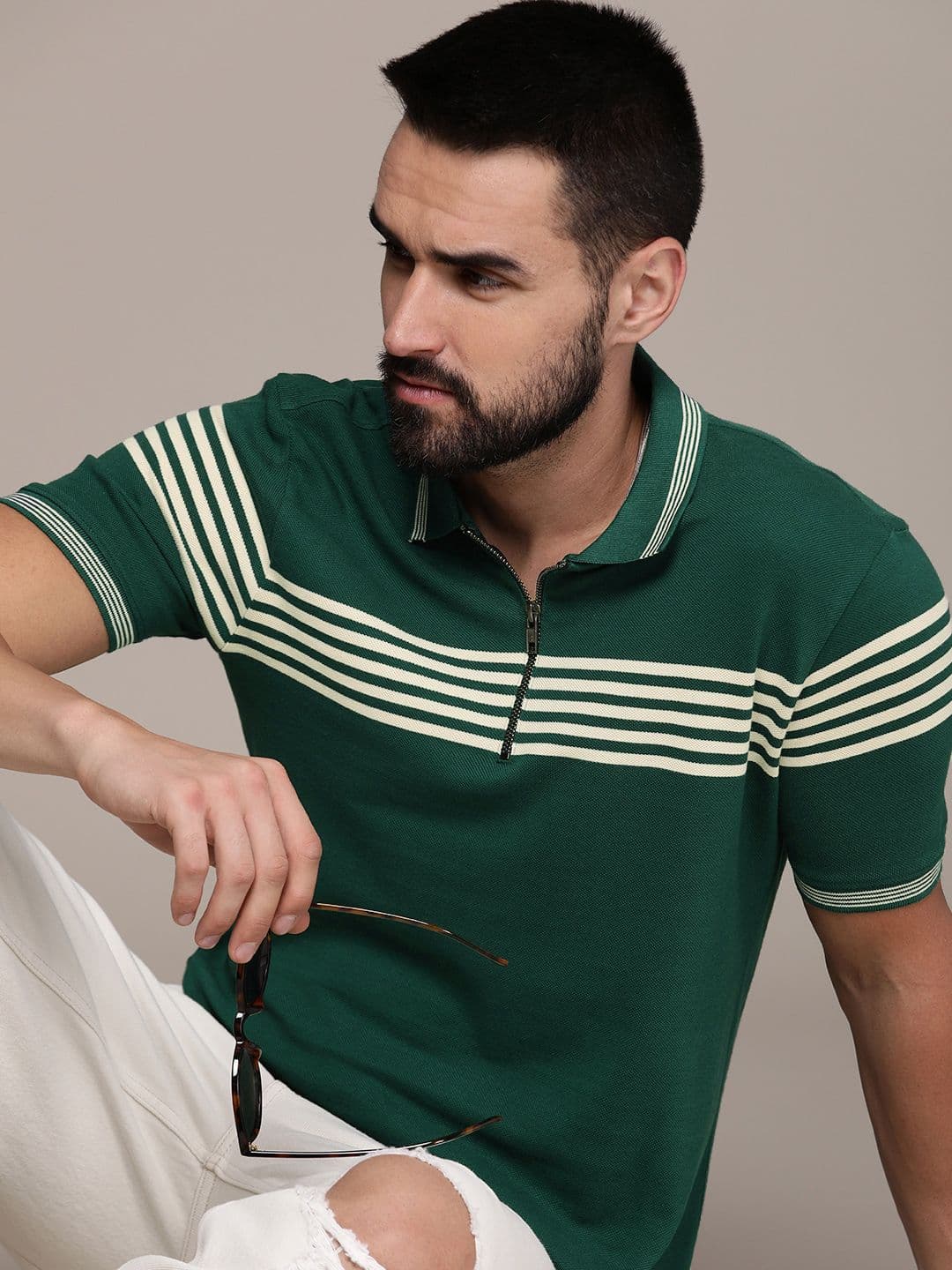 The Roadster Life Co. Striped Polo Collar Pure Cotton T-shirt - view 1