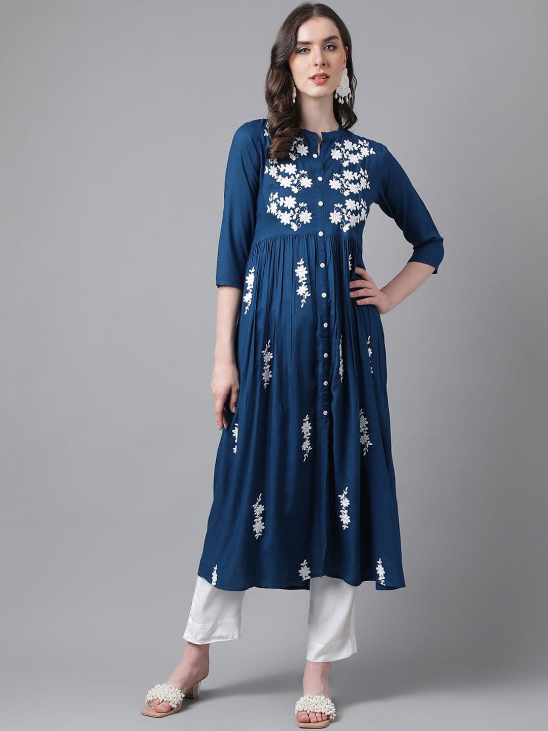 PURVIJA KURTIES Floral Embroidered Pleated A-Line Kurta - view 1