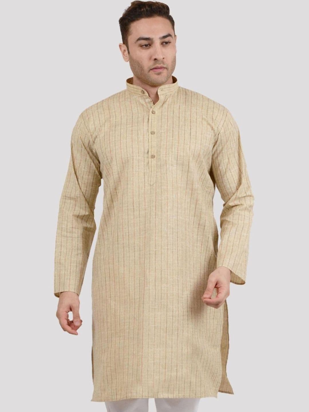 Maharaja Striped Band Collar Regular Fit Linen Cotton Kurta - view 1