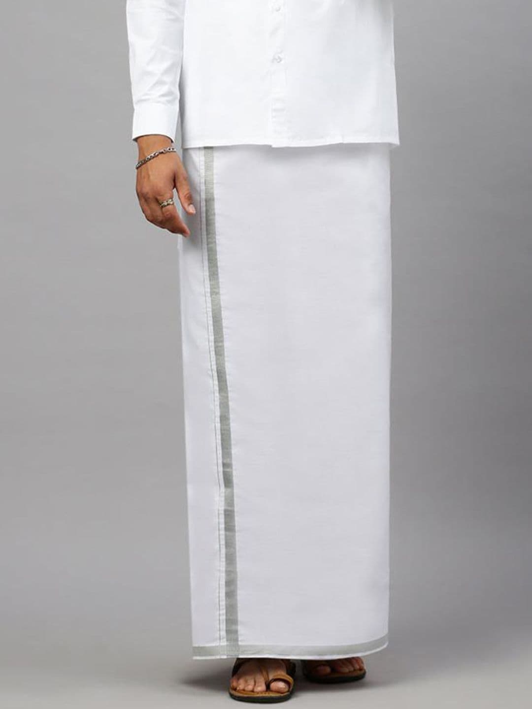 Ramraj Men Cotton White Solid Silver Jari Border Single Layer Dhoti - view 1