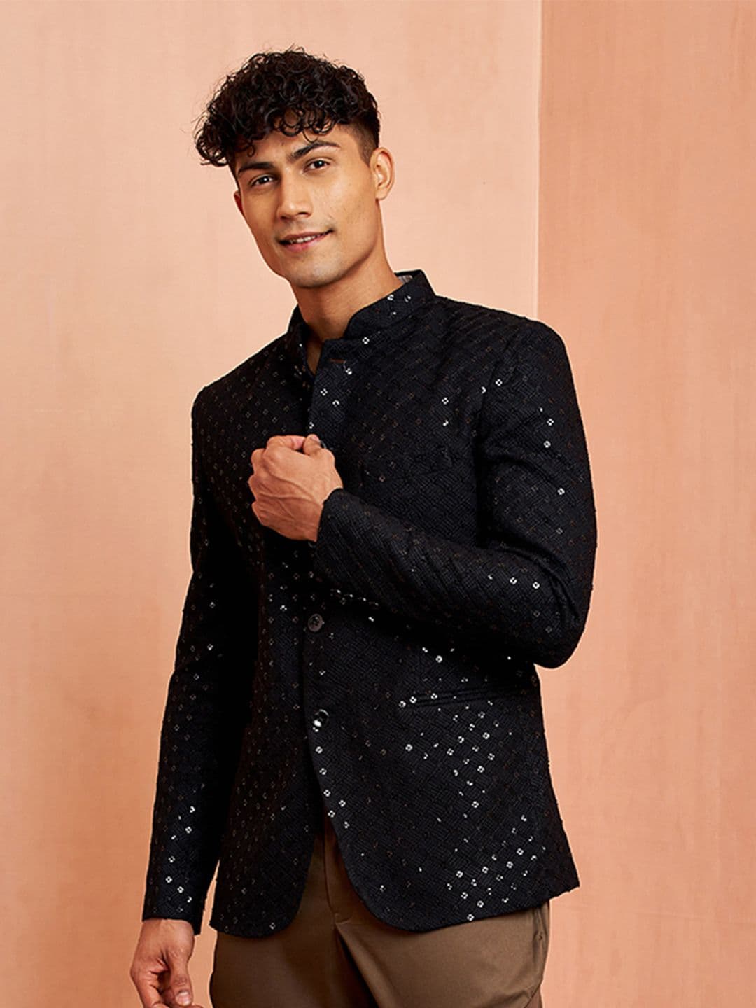 VASTRAMAY Self Design Sequined Slim Fit Bandhgala Jodhpuri Blazer