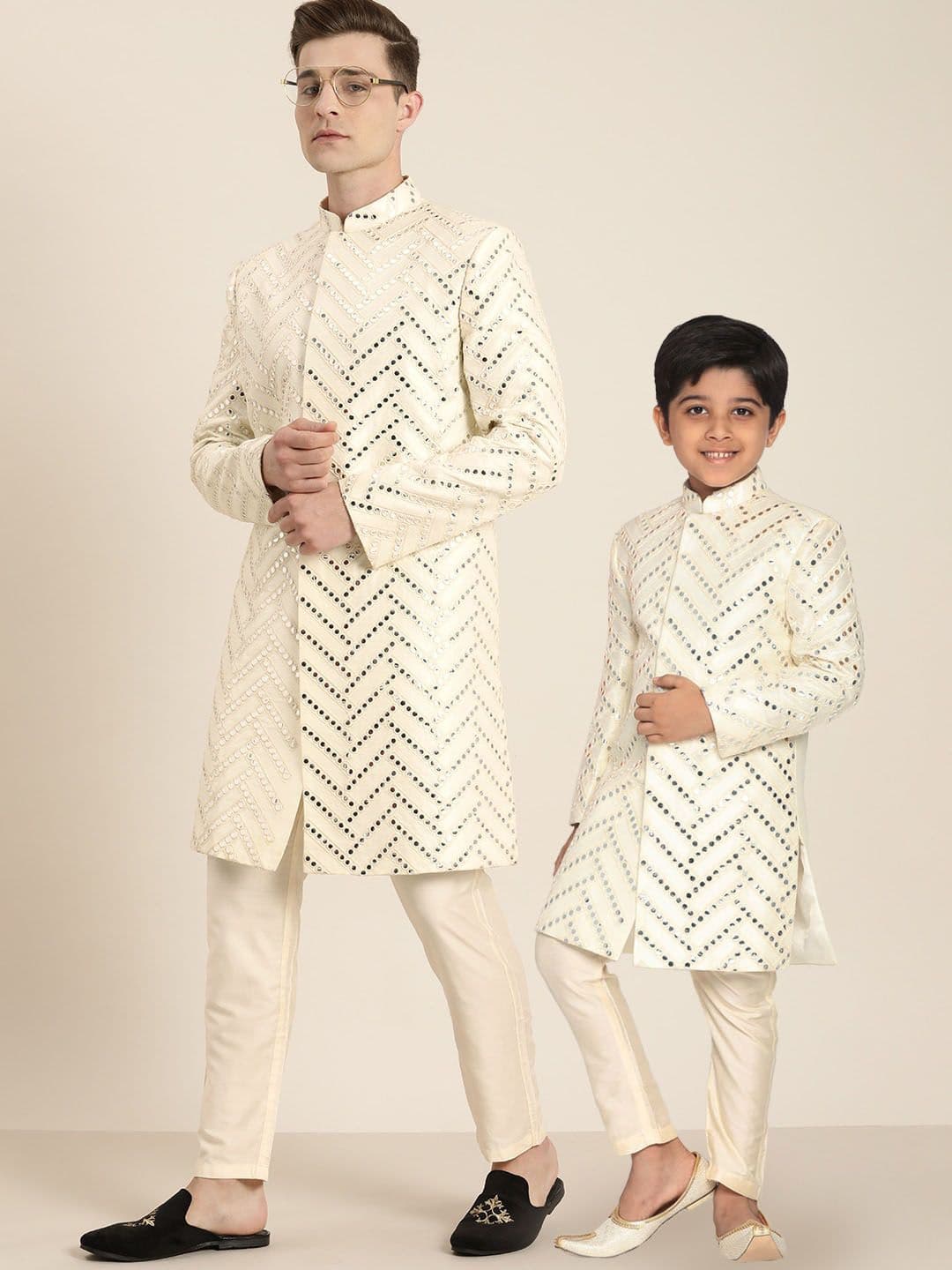 VASTRAMAY Embroidered Mandarin Collar Mirror Work Slim Fit Sherwani Set - view 1