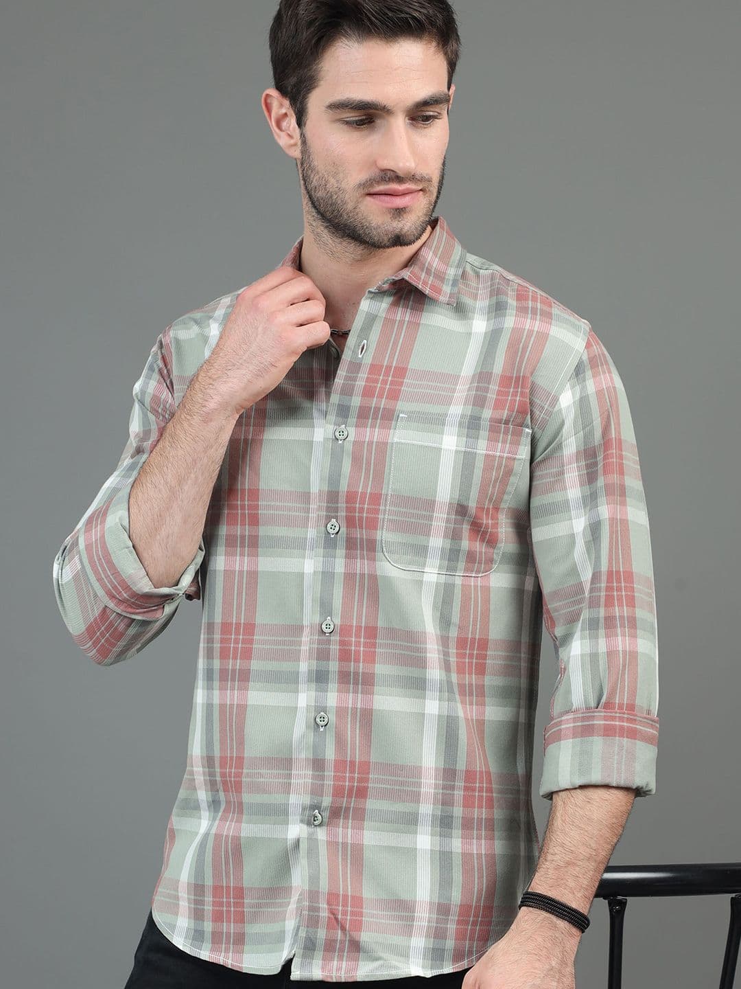 HERE&NOW Green & Rust Slim Fit Tartan Checks Casual Shirt - view 1