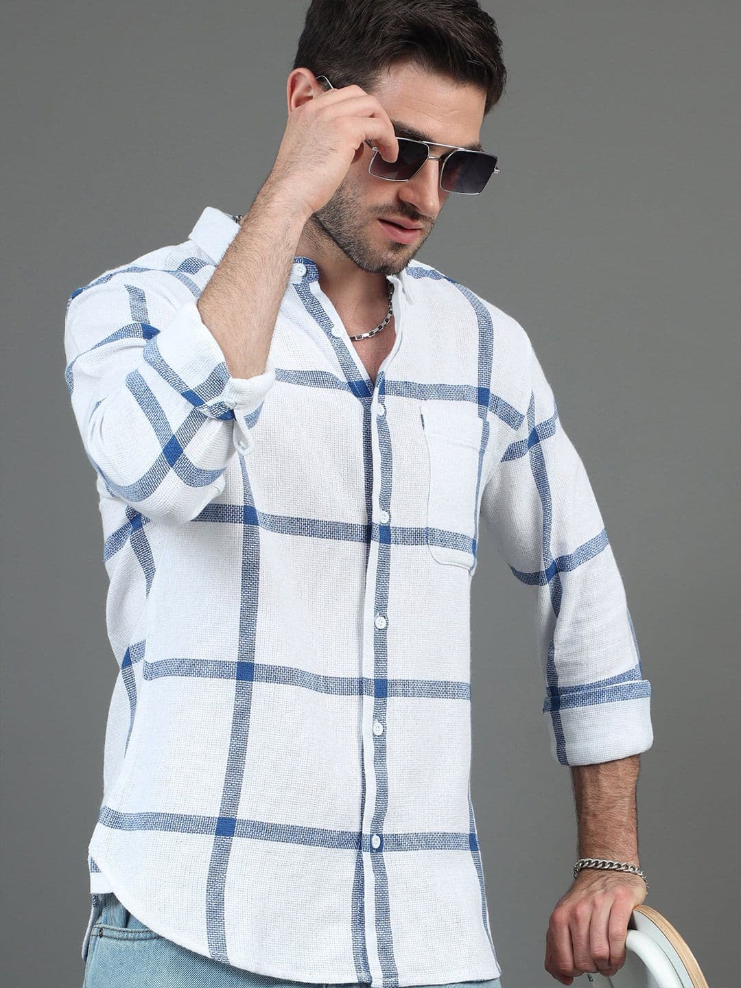 HERE&NOW White Slim Fit Windowpane Checks Cotton Casual Shirt - view 1