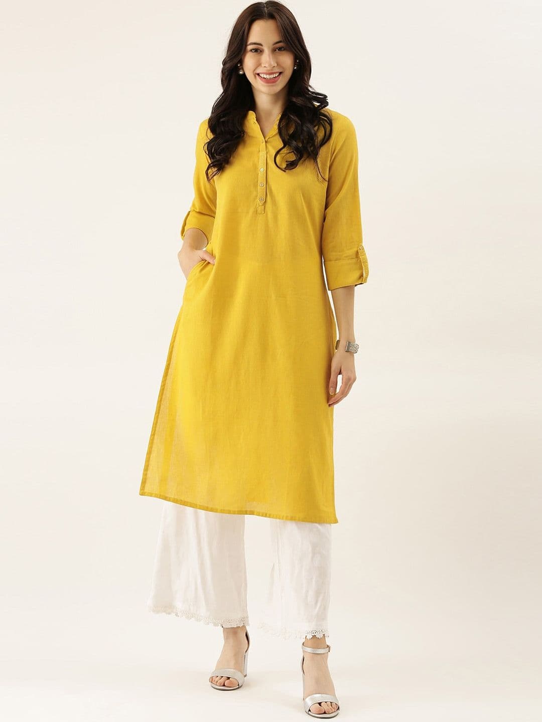 KALINI Mandarin Collar Roll-Up Sleeves Cotton Straight Kurta - view 1