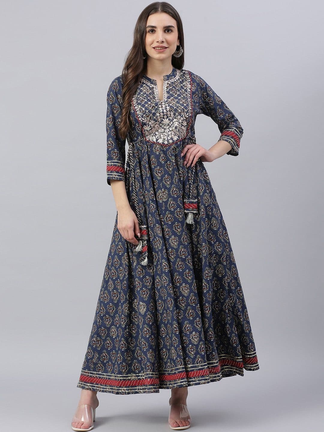 KALINI Ethnic Motifs Printed Sequinned Detailed Cotton Maxi Ethnic Dress - view 1