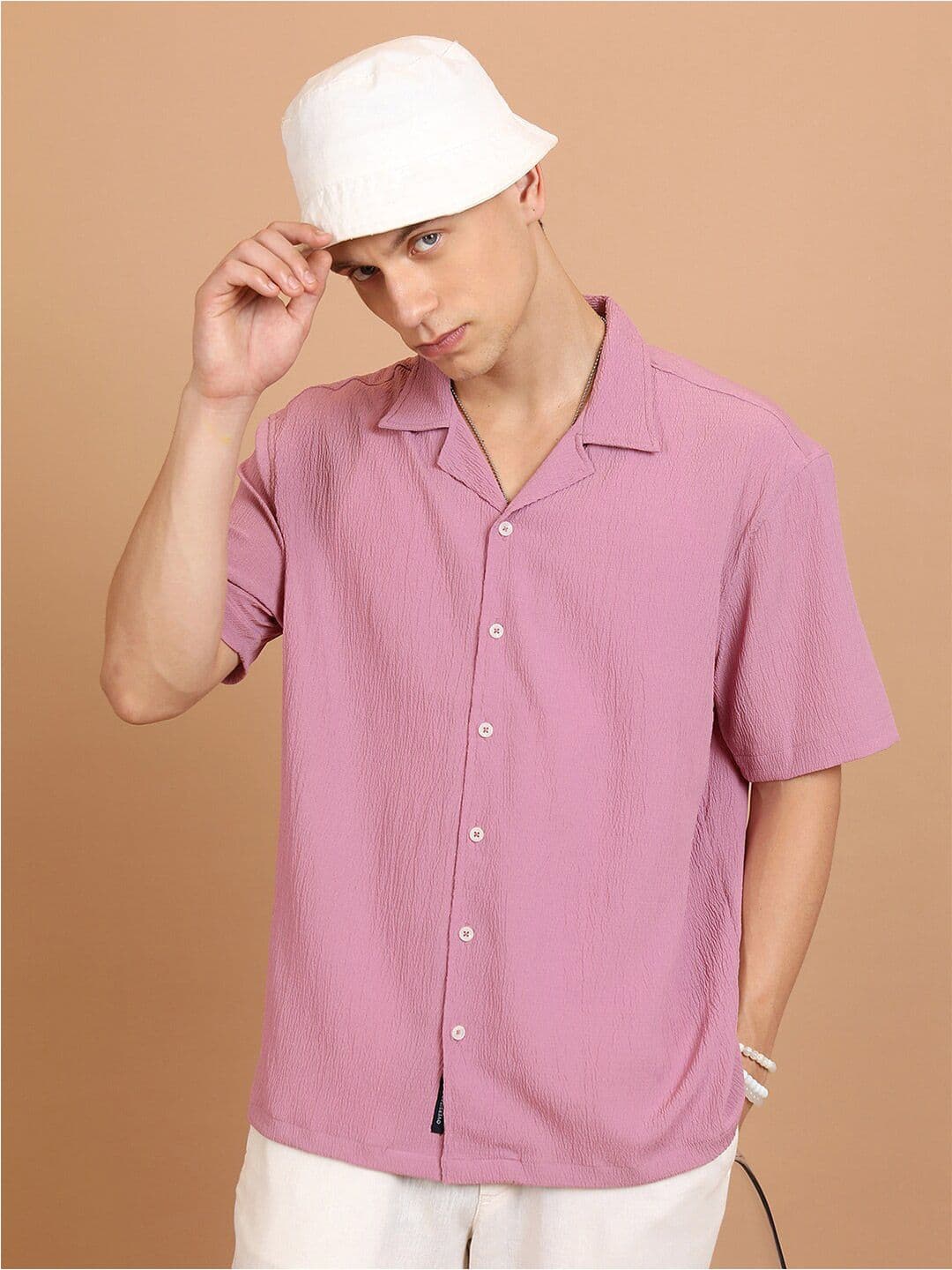 HIGHLANDER Lavender-Coloured Textured Cuban Collar Short Sleeves Oversized Casual Shirt - view 1