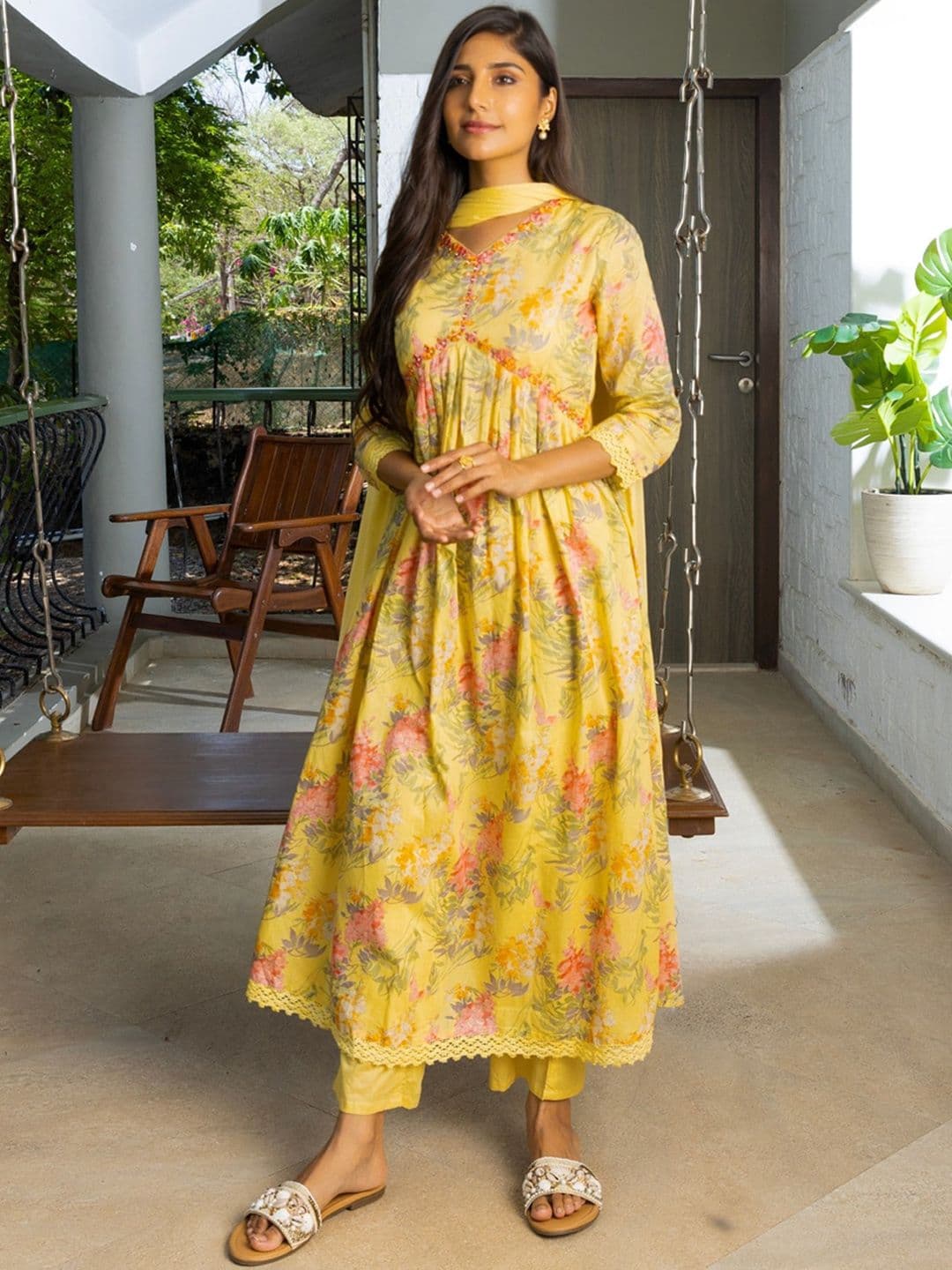 Sangria Pink Floral Printed V-Neck Mirror Work Pure Cotton Kurta with Trousers & Dupatta - view 1