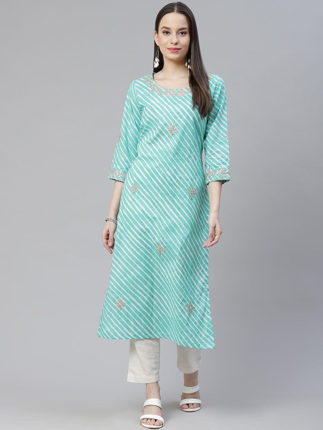 KALINI Leheriya Printed Gotta Patti Cotton Straight Kurta - view 1
