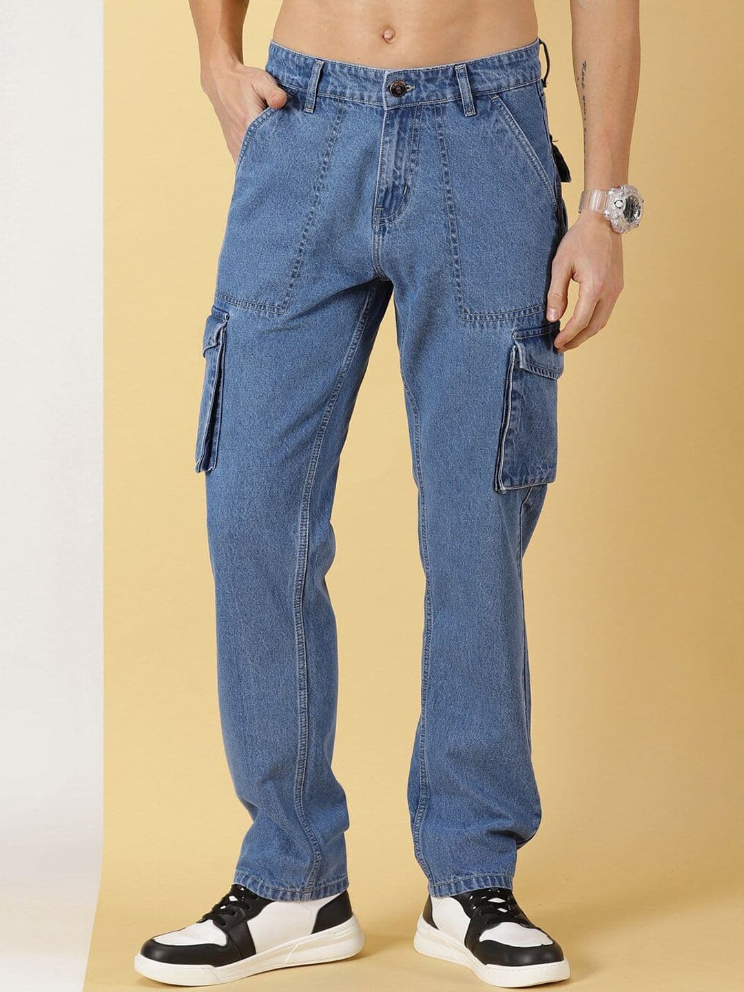 Thomas Scott Men Comfort Relaxed Fit Clean Look Light Fade Pure Cotton Cargo Jeans