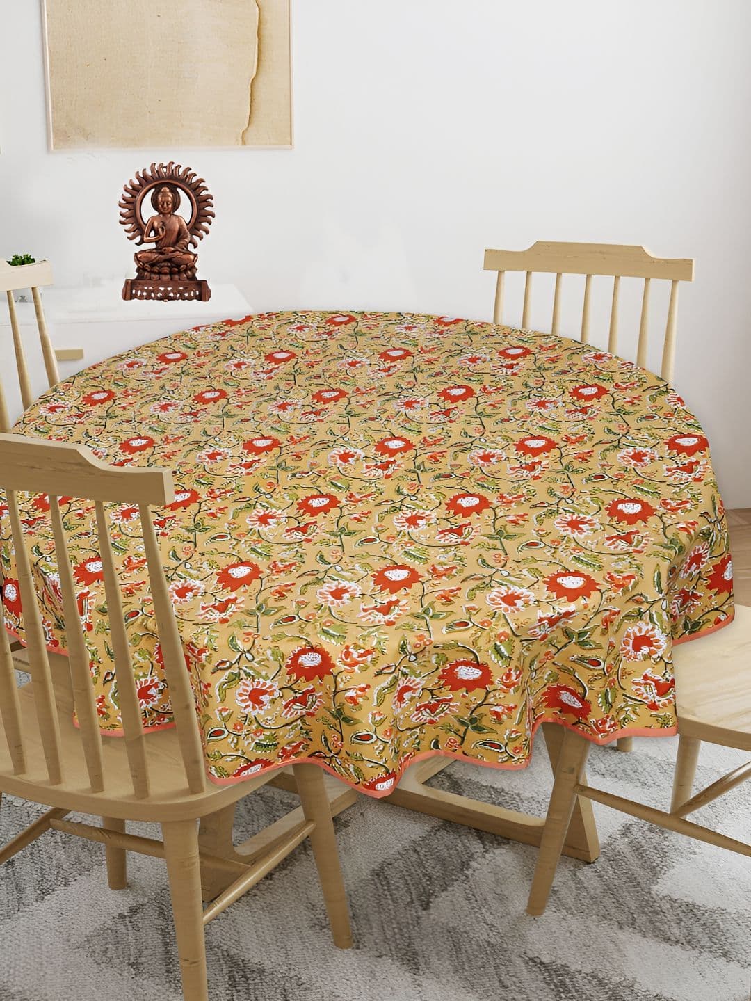 Texstylers Orange Floral Anti-Slip Cotton Round 4-Seater Table Cover - view 1