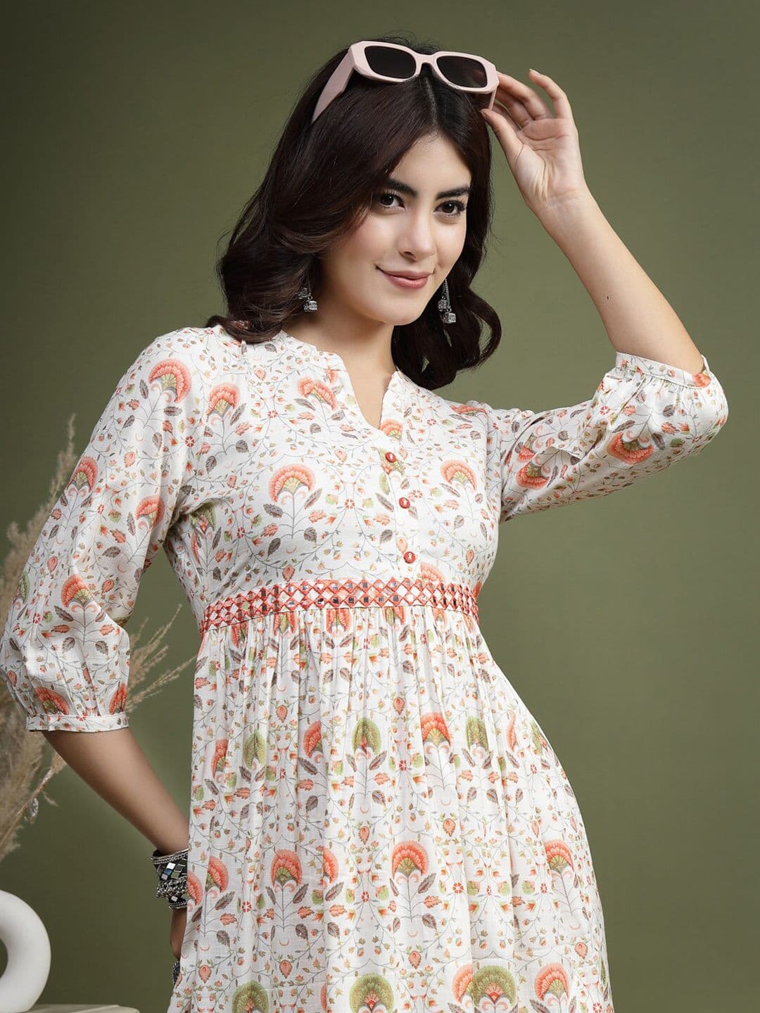 Sangria Floral Printed Mirror Work Pure Cotton Fit & Flare Midi Ethnic Dress - view 1