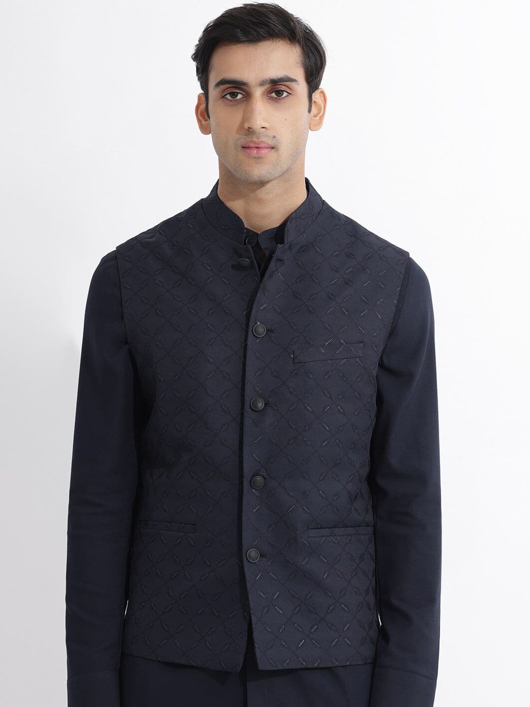 RARE RABBIT Men Navy Tailored Fit Embroidered Festive Bandhgala - view 1