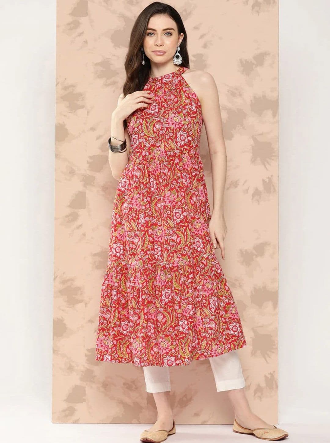 KALINI Floral Printed Round Neck Sleeveless Cotton A-Line Kurta - view 1