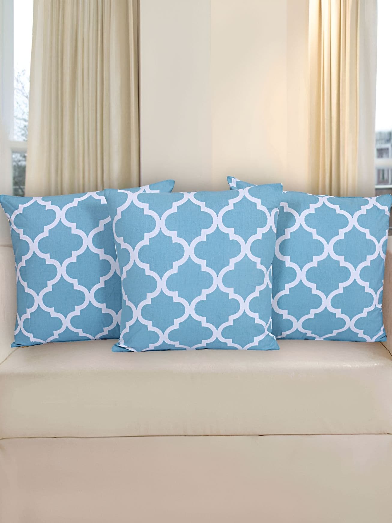 Texstylers Blue & white 3 Pieces Cotton Ethnic Motif Square Reversible Cushion Covers - view 1