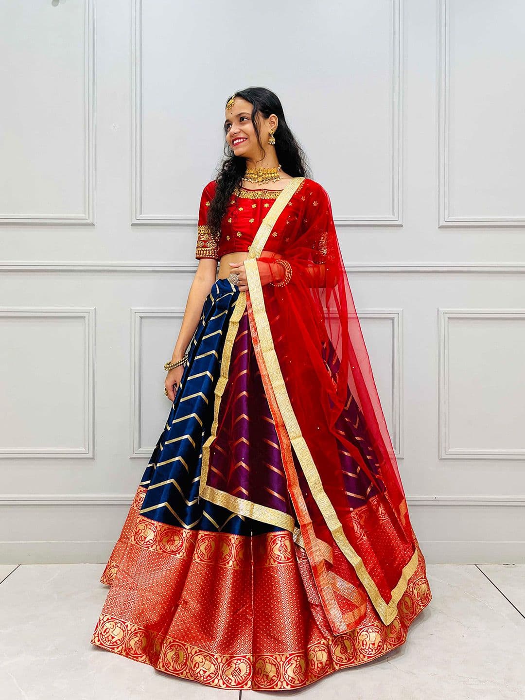 Fabcartz Ethnic Motifs Woven Design Embroidered Semi-Stitched Lehenga Choli - view 1