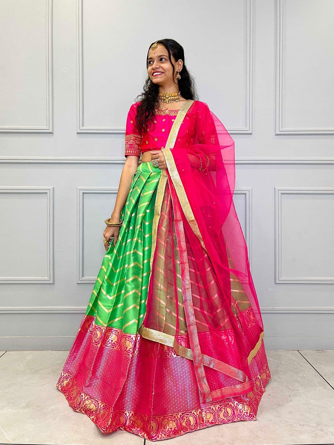 Fabcartz Ethnic Motifs Woven Design Embroidered Semi-Stitched Lehenga Choli - view 1