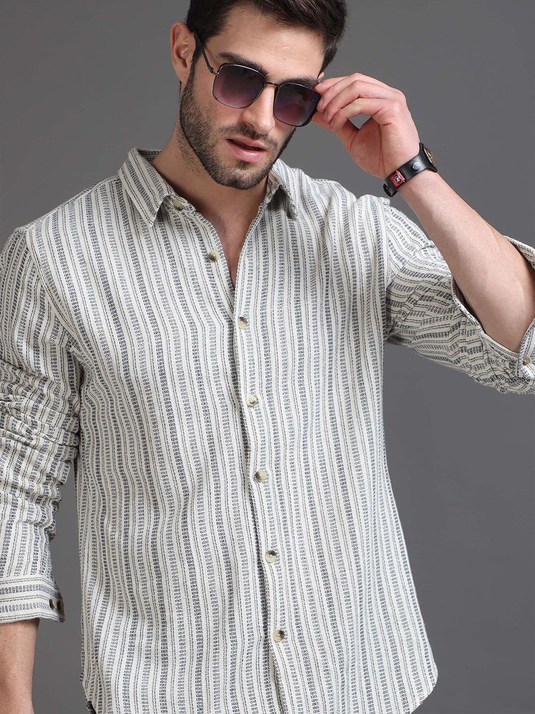 HERE&NOW Slim Fit Striped Spread Collar Cotton Casual Shirt - view 1
