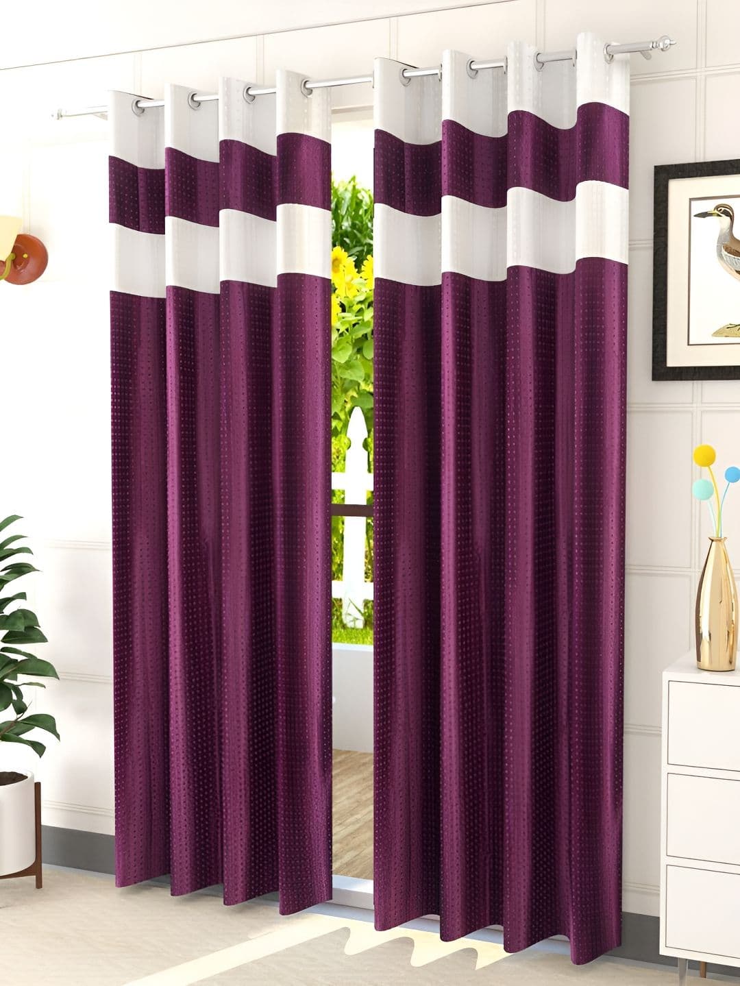 Kraftiq Homes Purple & White 2 Pieces Colour Blocked Room Darkening Door Curtains - view 1