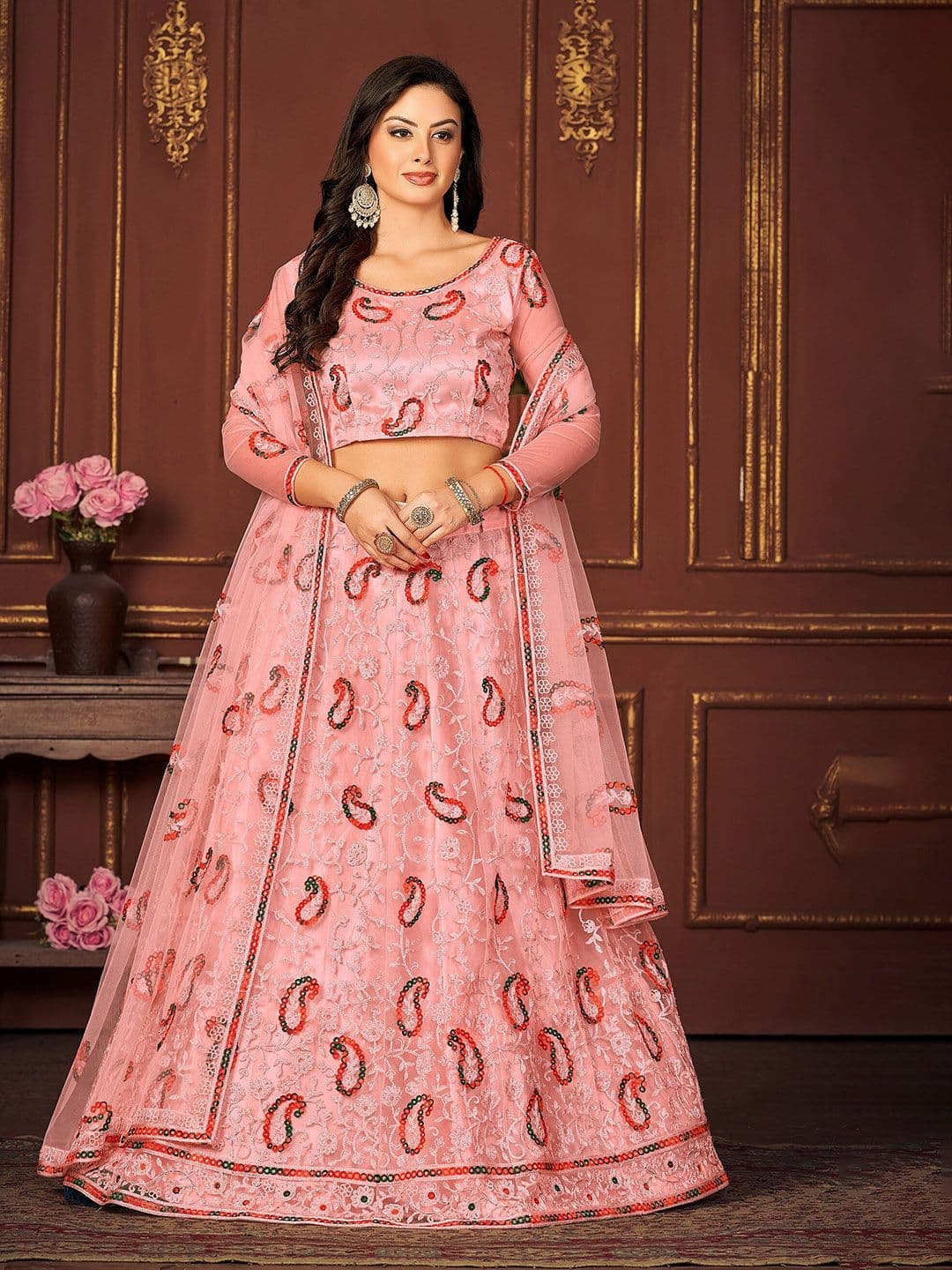 KALINI Embroidered Thread Work Net Ready to Wear Lehenga & Unstitched Blouse With Dupatta - view 1