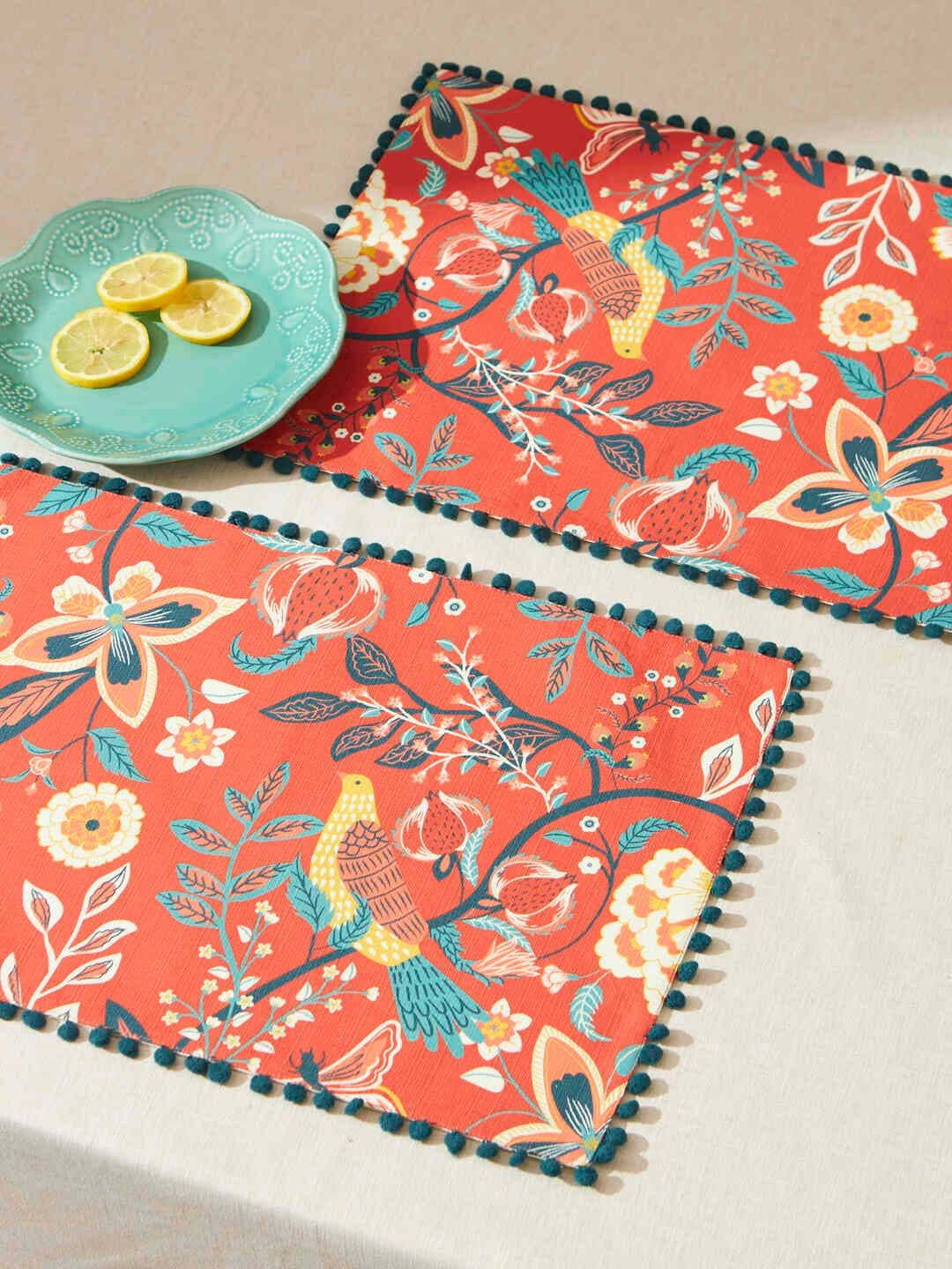 Chumbak Tree of Life Orange & Blue 2 Pieces Floral Printed Cotton Table Placemats - view 1