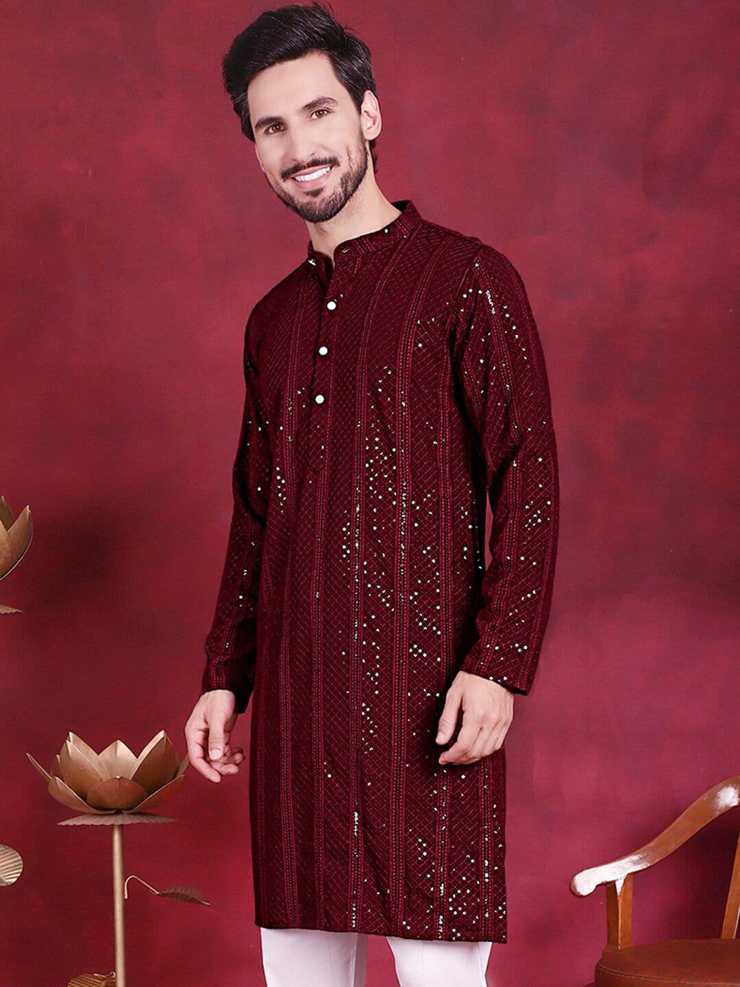 Jompers Geometric Embroidered Band Collar Chikankari Kurta - view 1