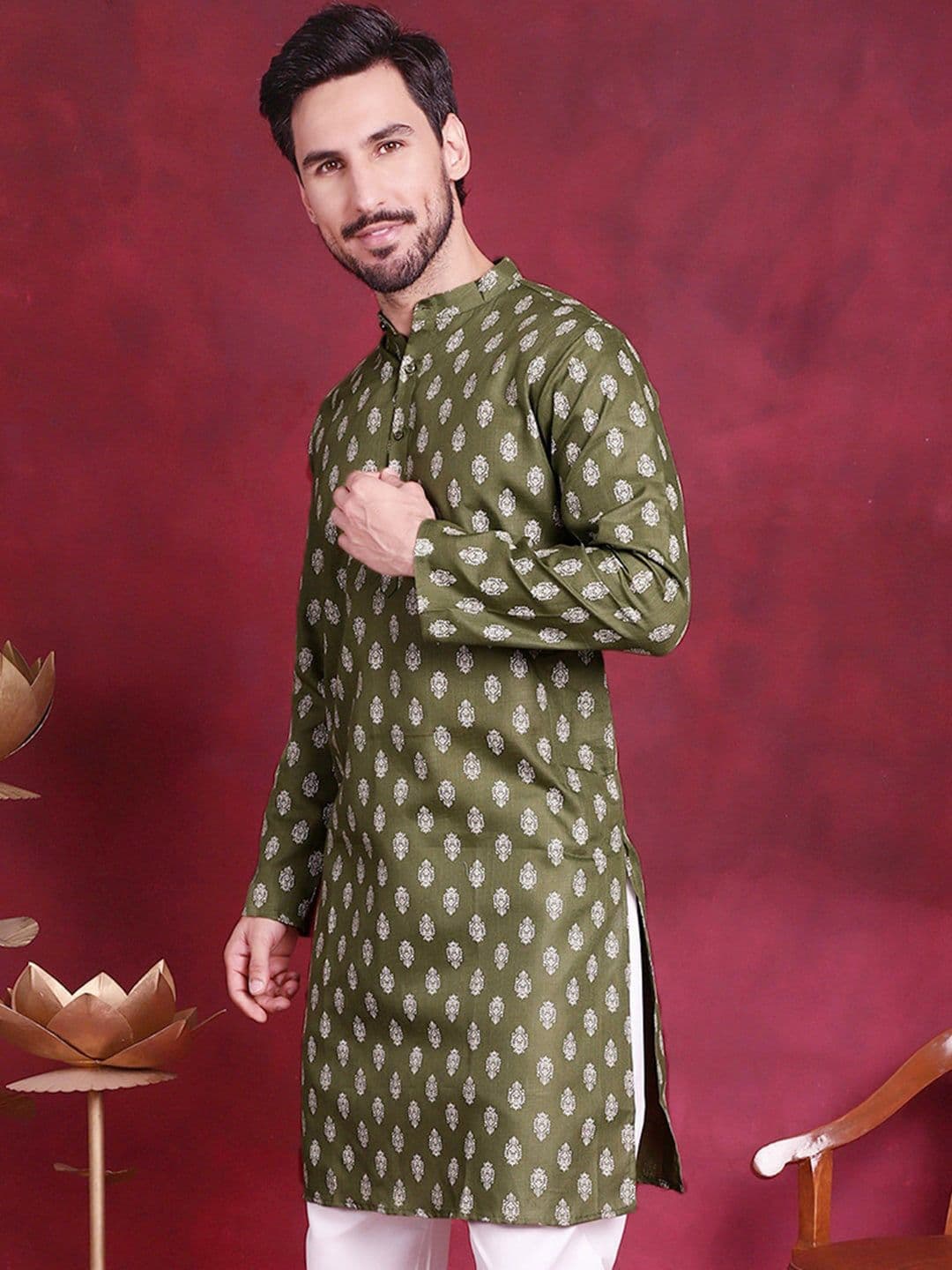 Jompers Ethnic Motifs Printed Band Collar Kurta - view 1
